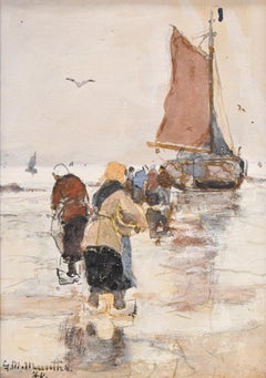 Fishermen's ladies on the beach with bomber barge - Gerhard Morgenstjerne Munthe