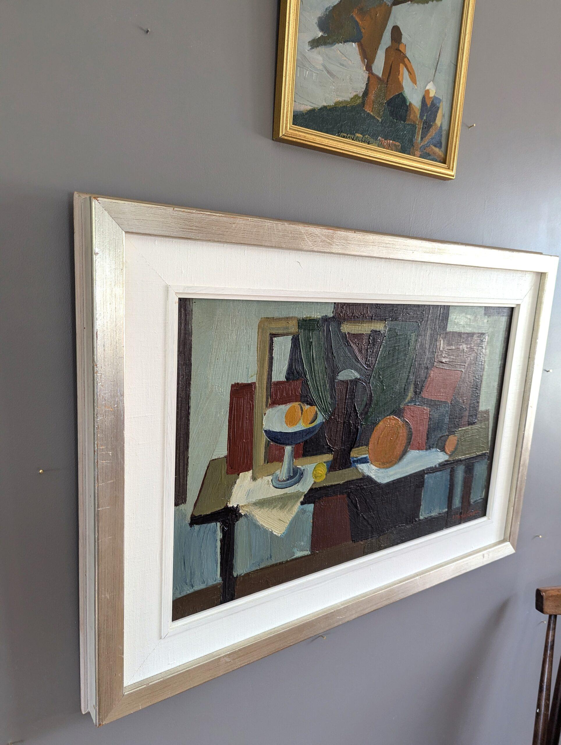 Nature morte suédoise à l'huile de style moderniste du milieu du siècle - Pichet et oranges 5