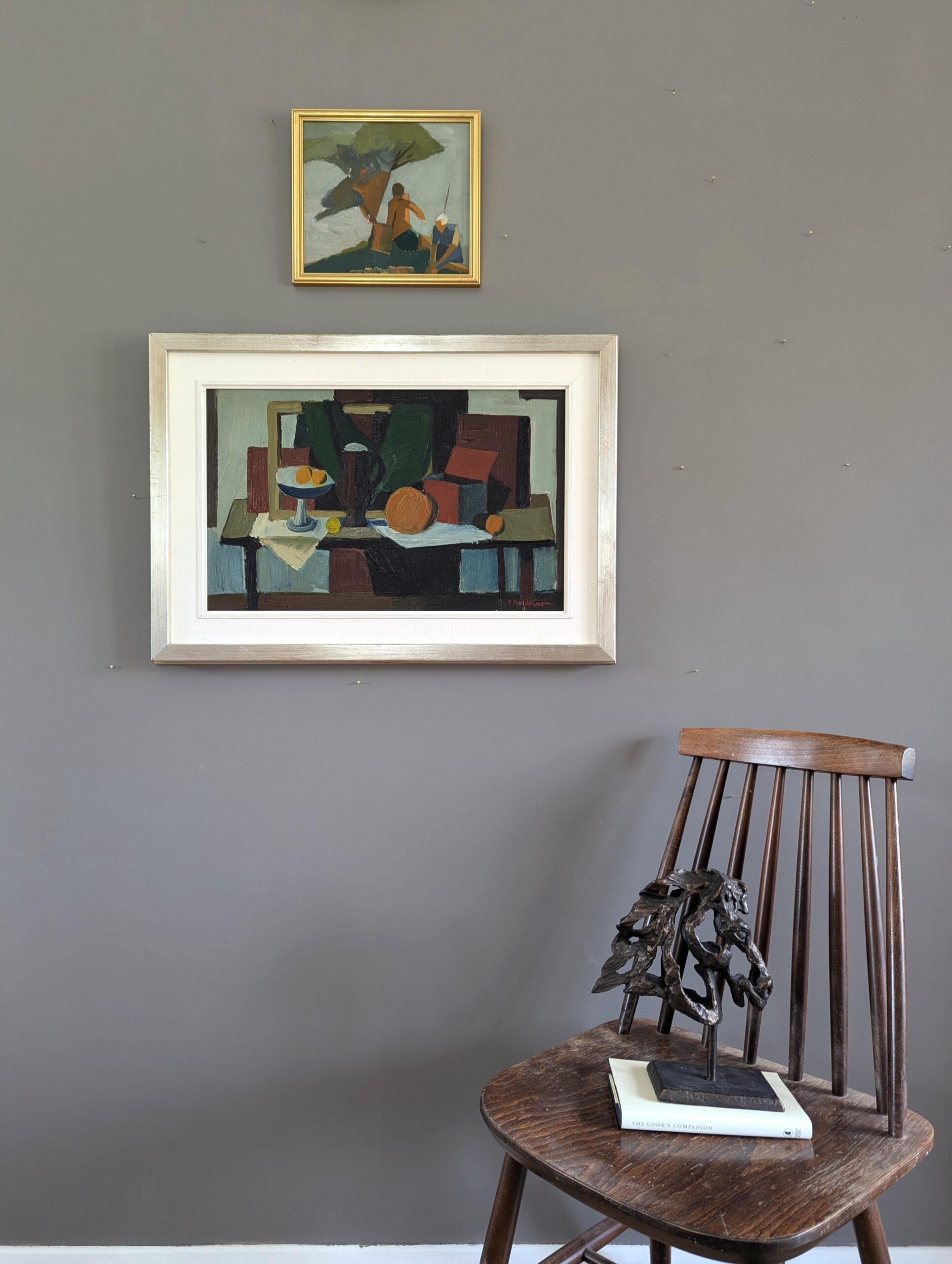 Nature morte suédoise à l'huile de style moderniste du milieu du siècle - Pichet et oranges 6