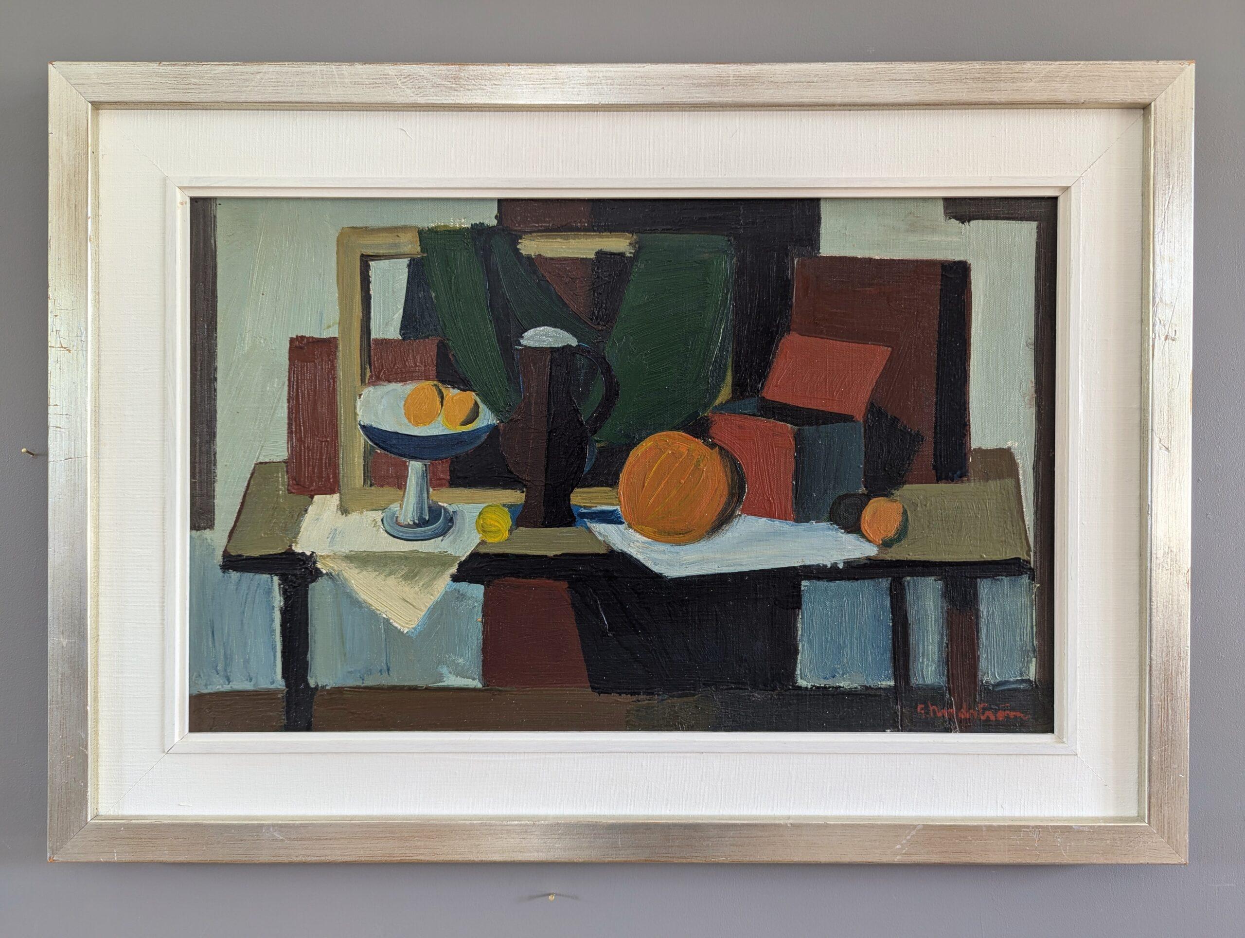 Nature morte suédoise à l'huile de style moderniste du milieu du siècle - Pichet et oranges - Painting de Gerhard Nordstrom