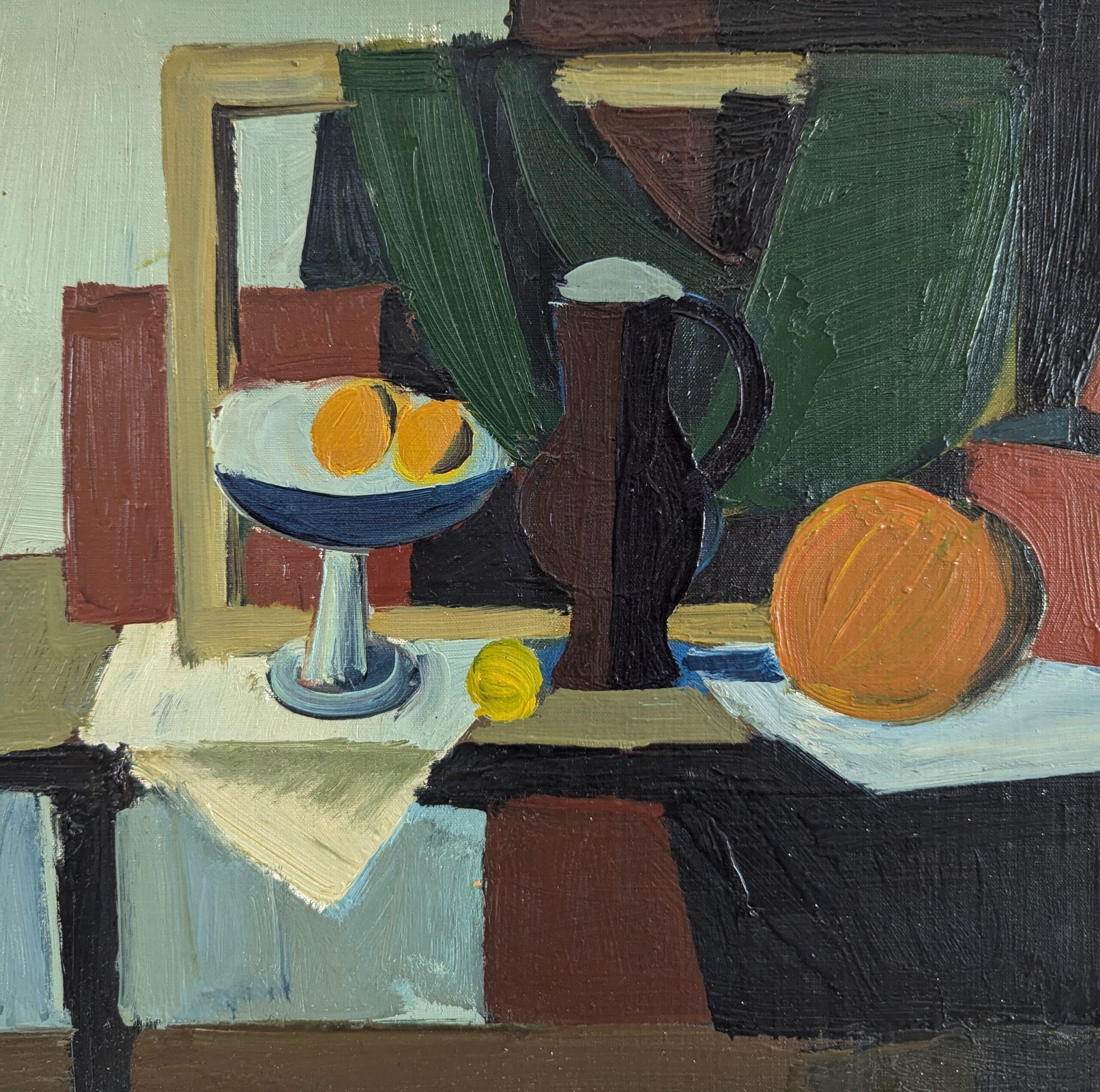 PICHET ET ORANGES
Huile sur panneau
Dimensions : 47 x 66,5 cm (cadre compris)

Une composition de nature morte de style moderniste du milieu du siècle brillamment exécutée, peinte à l'huile sur carton par l'éminent peintre suédois Gerhard Nordström