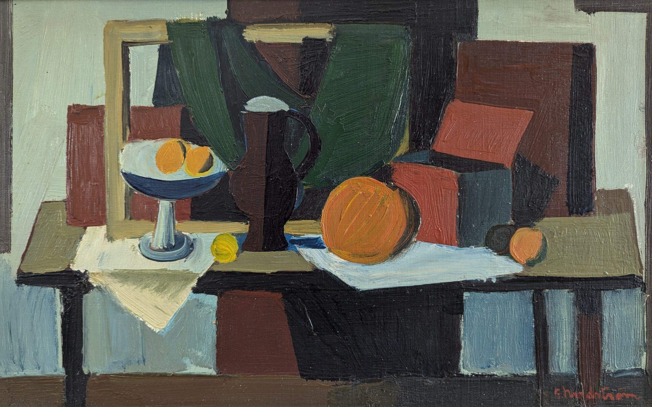 Nature morte suédoise à l'huile de style moderniste du milieu du siècle - Pichet et oranges 1