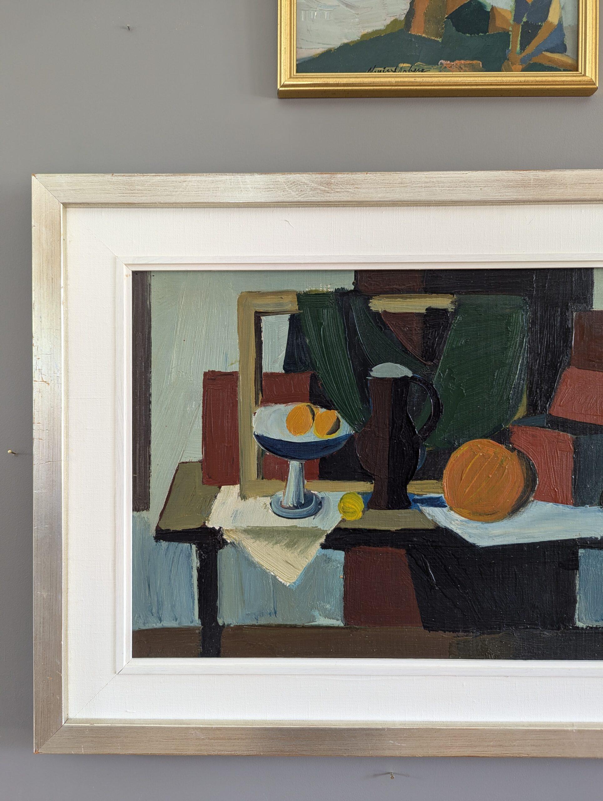 Nature morte suédoise à l'huile de style moderniste du milieu du siècle - Pichet et oranges 2