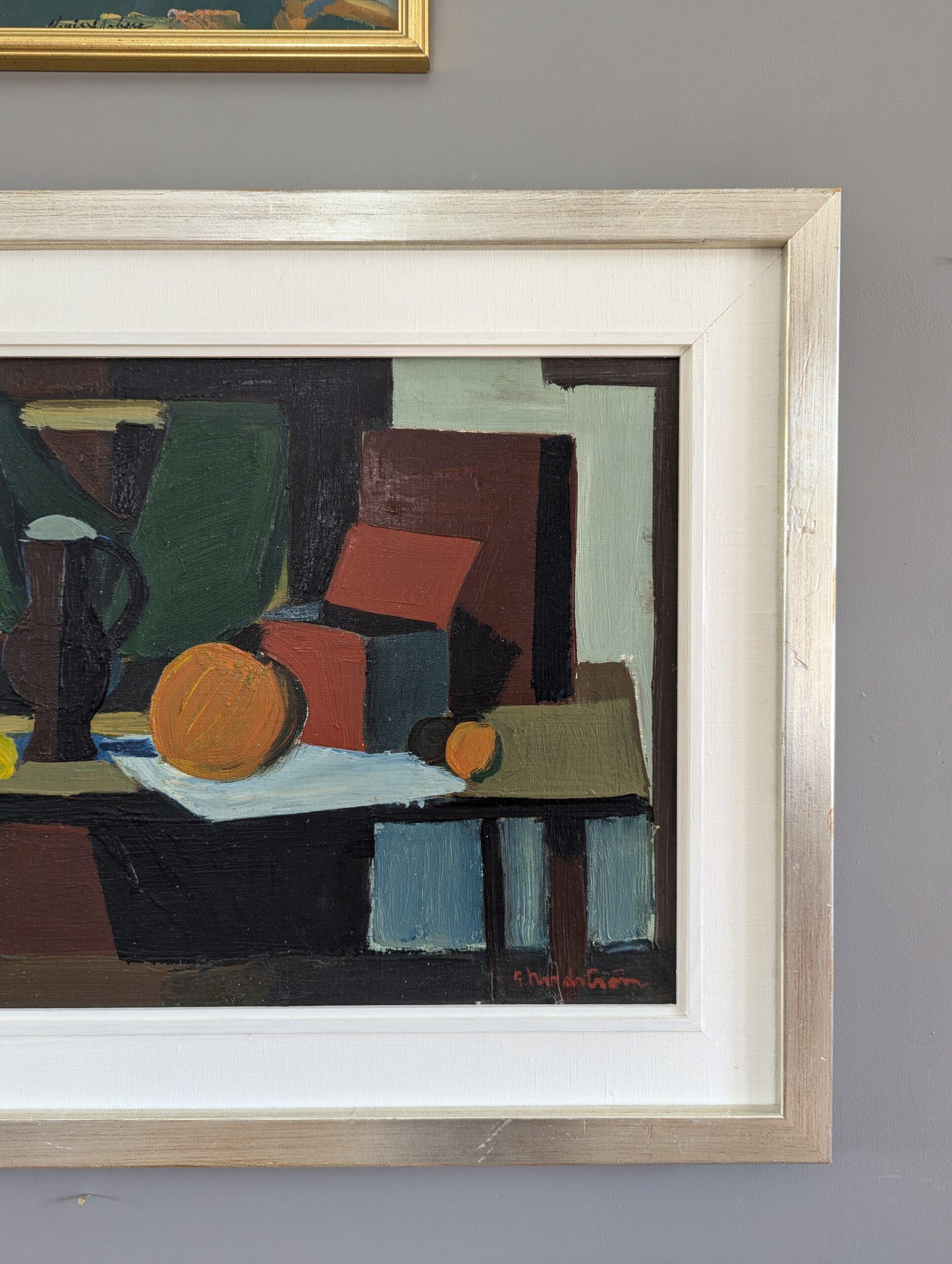 Nature morte suédoise à l'huile de style moderniste du milieu du siècle - Pichet et oranges 3