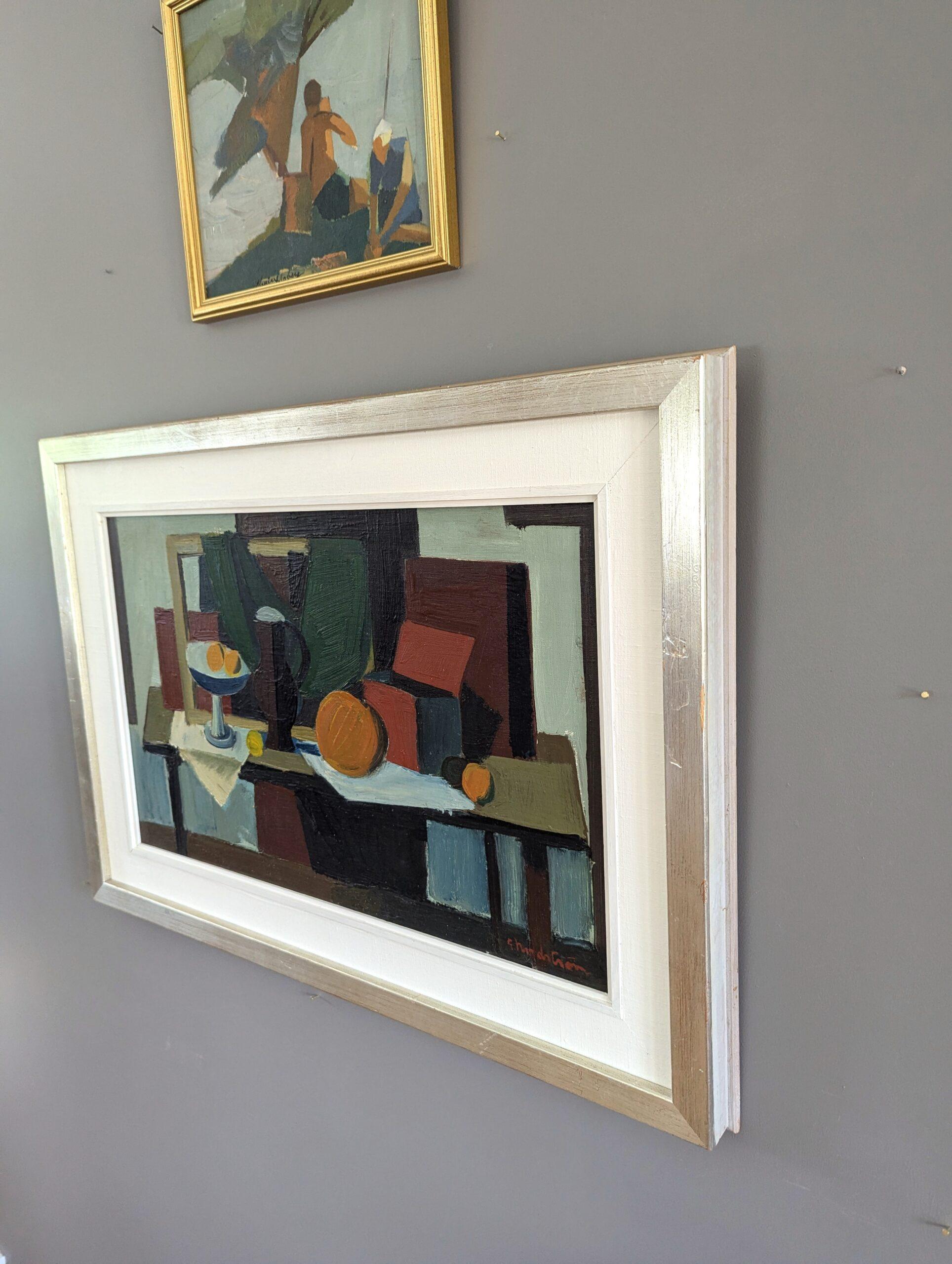 Nature morte suédoise à l'huile de style moderniste du milieu du siècle - Pichet et oranges 4