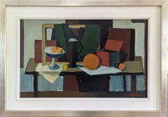 Nature morte suédoise à l'huile de style moderniste du milieu du siècle - Pichet et oranges