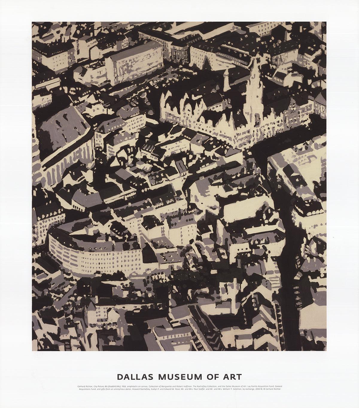 Cette affiche de musée originale intitulée City Pictures a été créée pour la rétrospective de Gerhard Richter au Dallas Art Museum en 2002. L'œuvre d'art représentée sur l'affiche est tirée de la série City Pictures de Richter, peinte à l'origine en