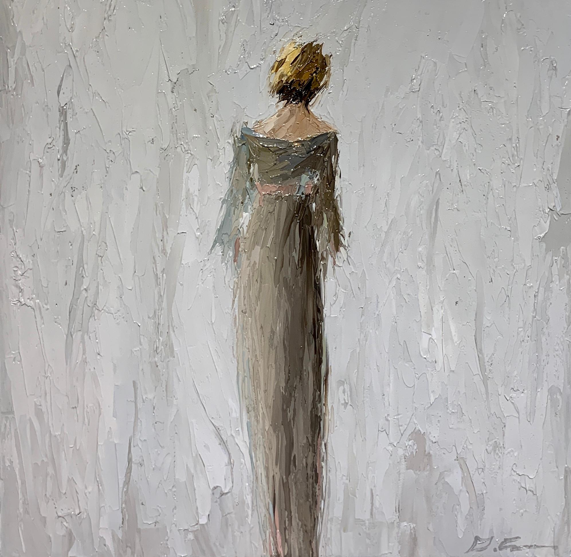 'Adele', is a small framed American Impressionist oil on canvas painting of square format created by Geri Eubanks in 2019. The painting features a blond-hair lady depicted from the back, walking away from us. She is wearing a white dress uncovering