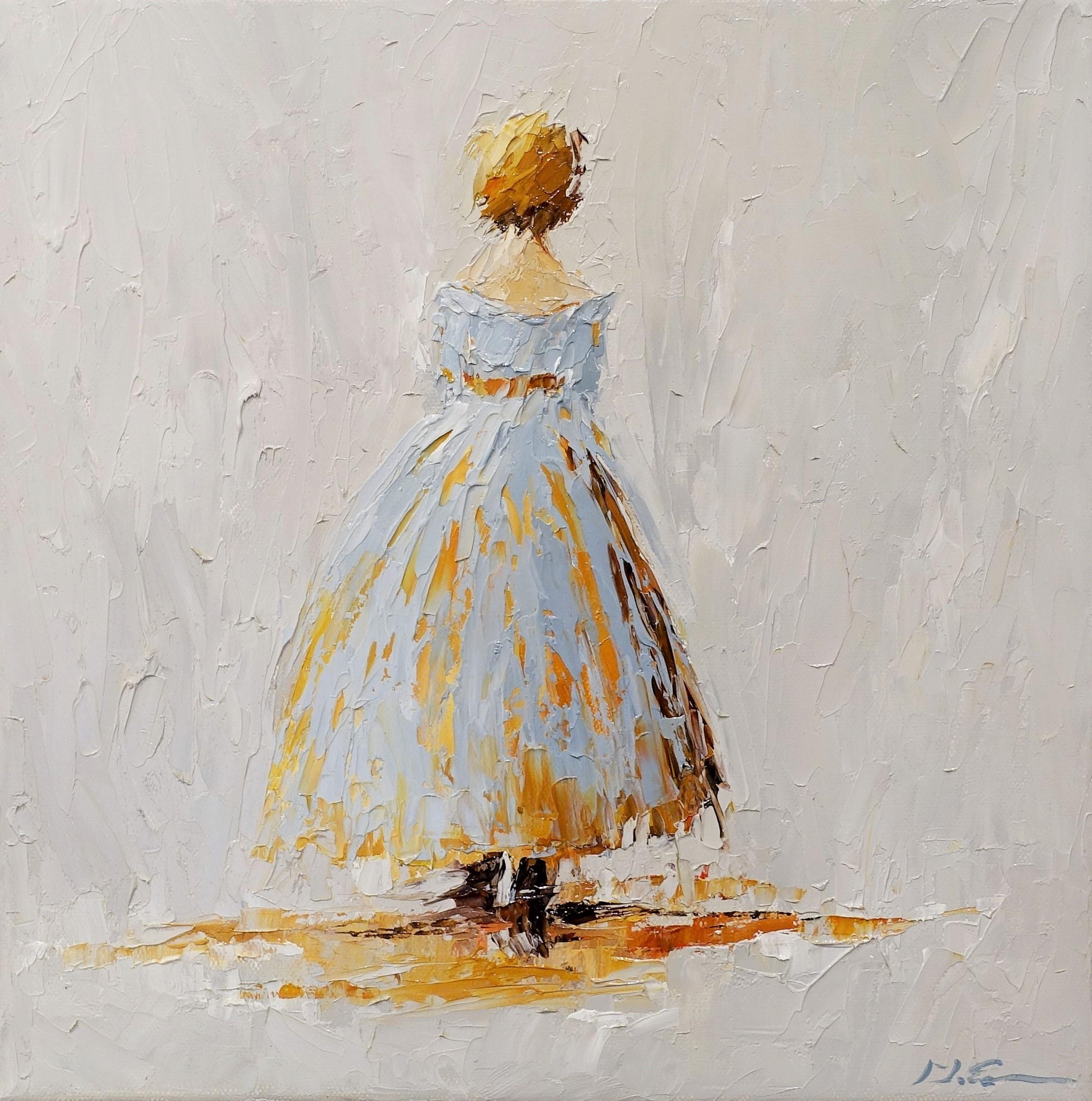 'Amelia', is a small framed Impressionist oil on canvas portrait painting created by American artist Geri Eubanks in 2019. Featuring a palette made of light grey and warm golden tones, the painting depicts a lady represented from the back, walking