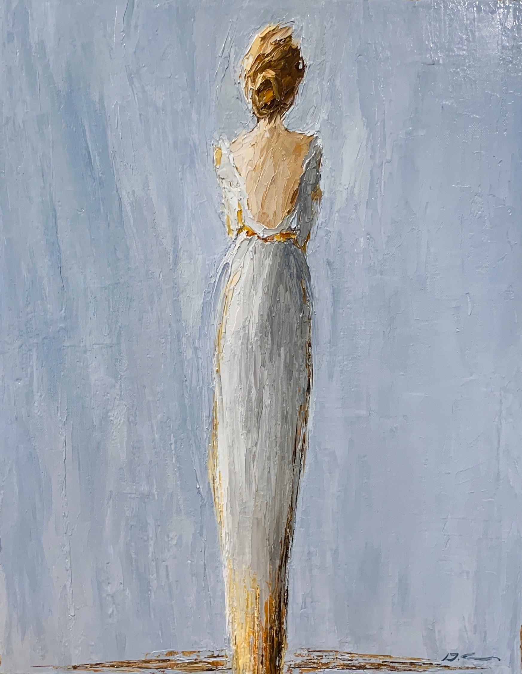'Annette', is a vertical framed Impressionist figurative oil on canvas painting created by American artist Geri Eubanks in 2020. Featuring a palette made of sky blue, grey and golden tonalities, the painting depicts a blond-haired woman represented