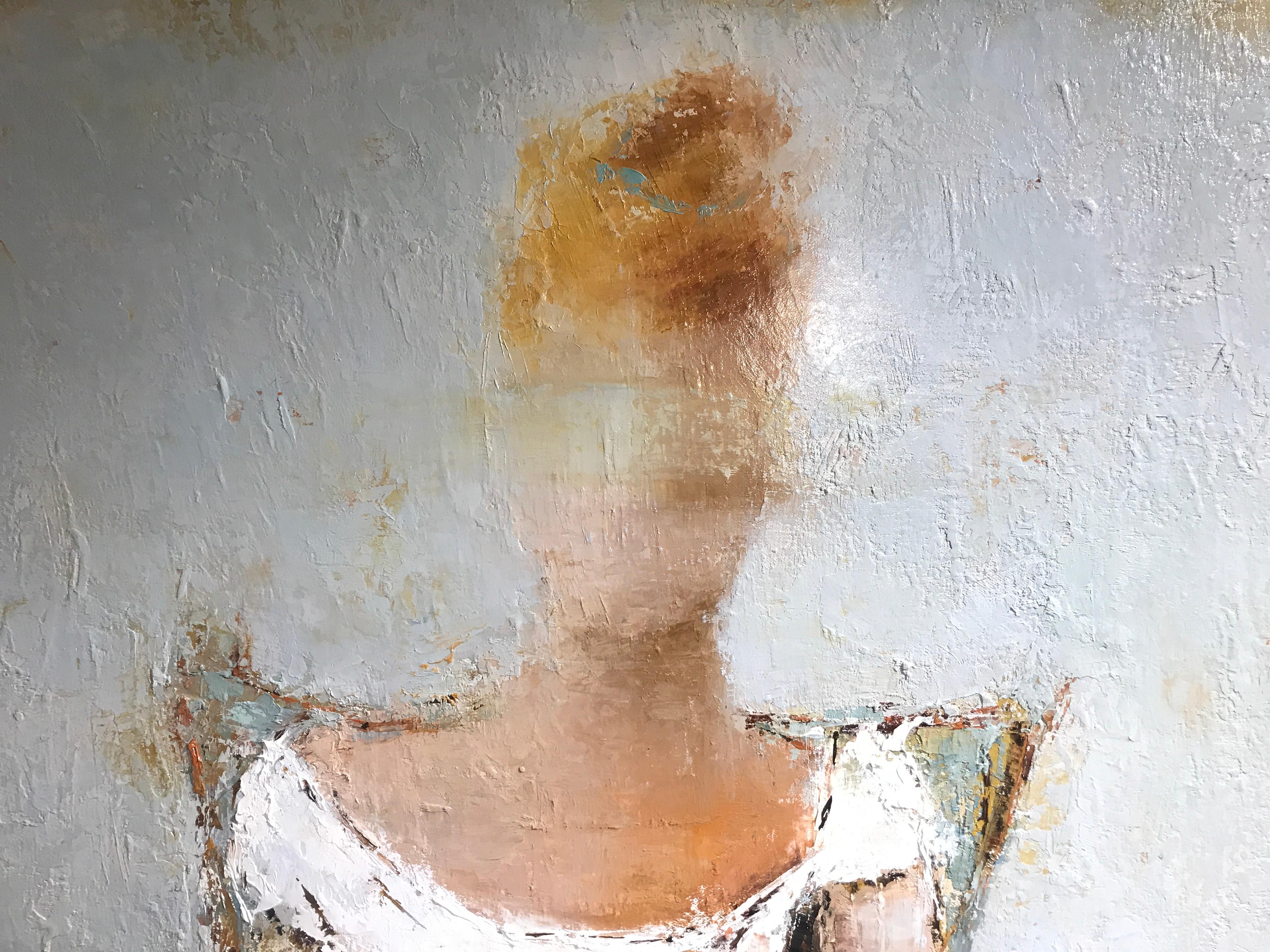 As She Poses II, Impressionist Framed Vertical Oil on Linen Figurative Painting 4