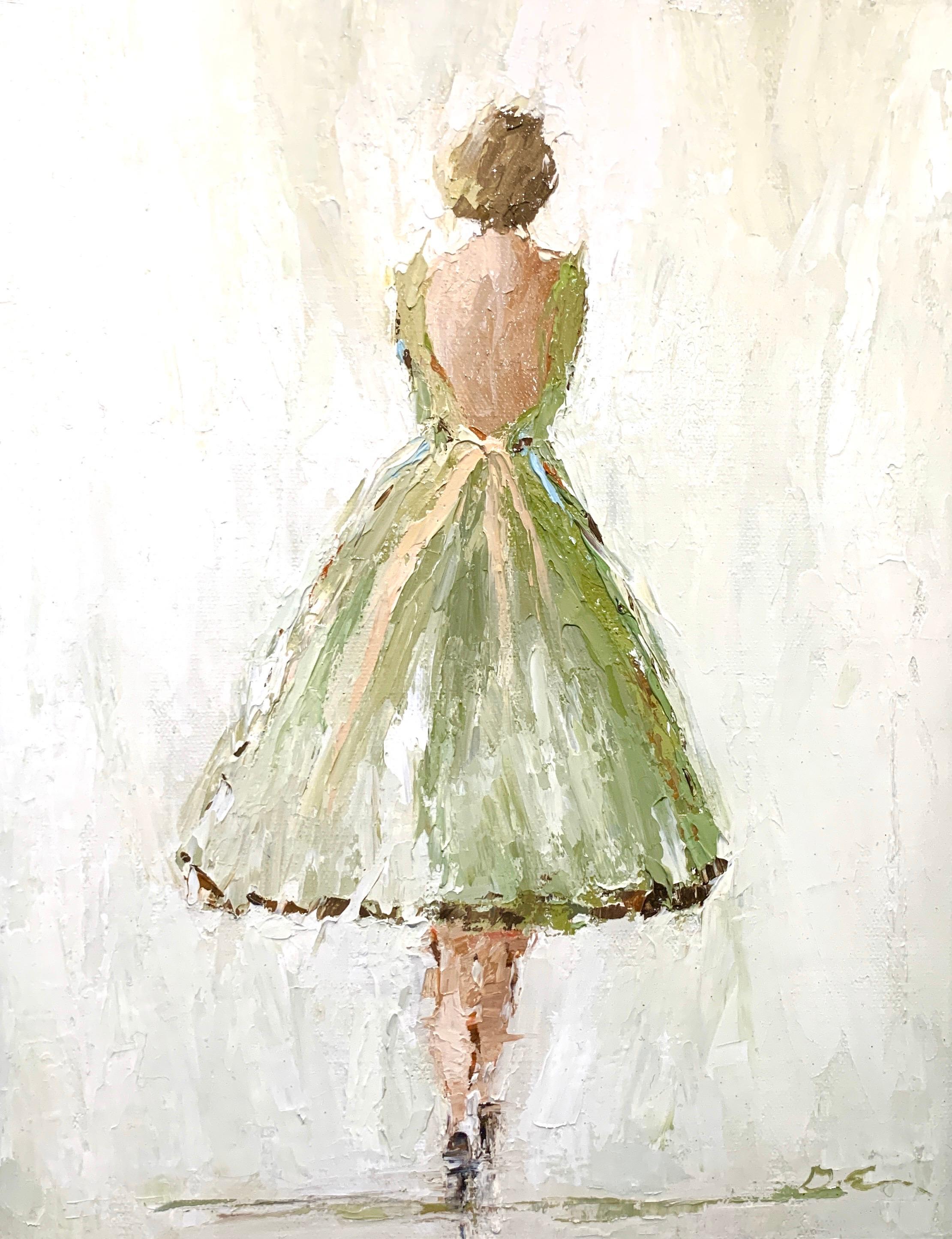 'Betty', is a small framed American Impressionist oil on canvas painting of vertical format created by Geri Eubanks in 2020. The painting features a blond-hair lady depicted from the back, walking away from us. She is wearing a green dress