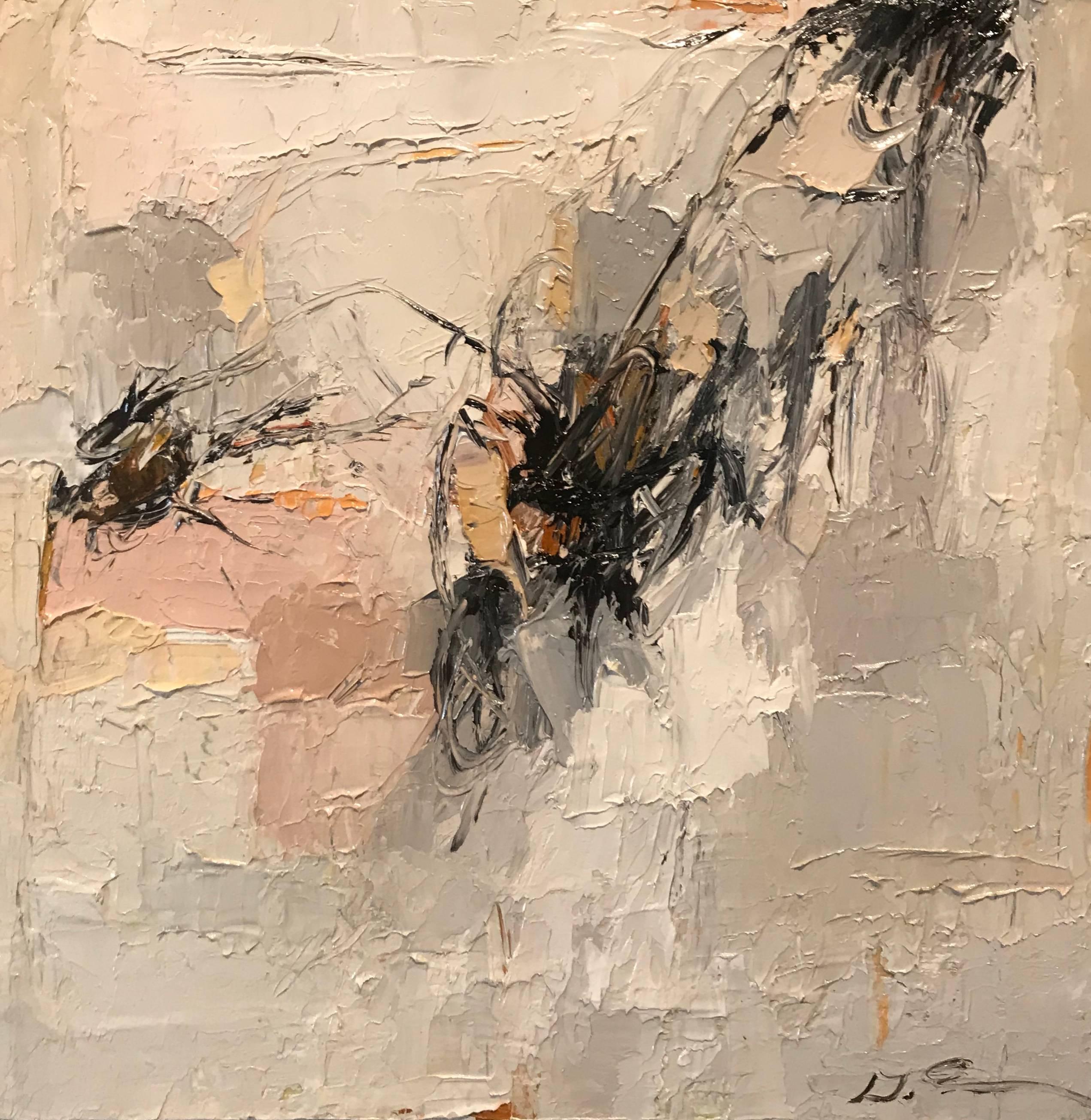 'Between the Lines' is a small size abstract framed oil on canvas painting created in 2018 by American artist Geri Eubanks. Featuring a soft palette mostly made of black, grey, tan and light pink tones, the painting shows an impasto technique