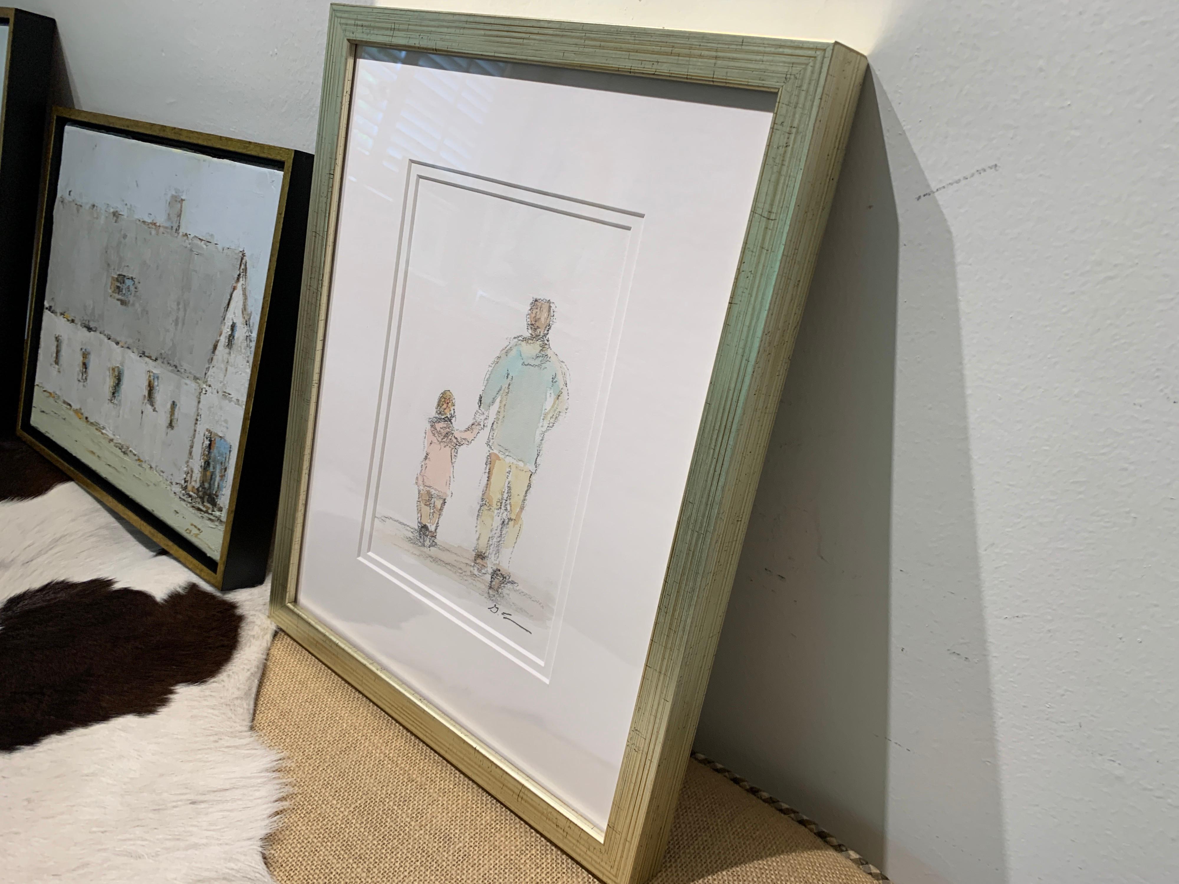 'Daddy's Girl' is a petite framed mixed media on paper Impressionist painting created by American artist Geri Eubanks in 2020. Featuring a soft palette made of blue, pink, brown, grey, off-white and black tones, this small figurative painting