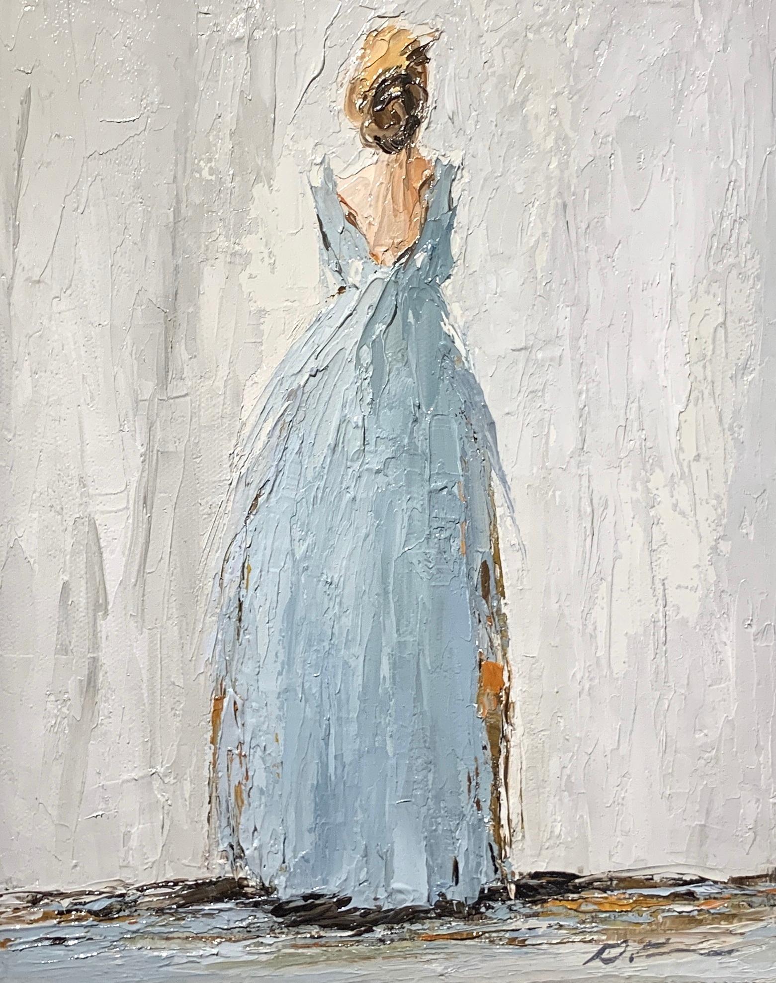 'Elizabeth', is a small vertical framed Impressionist figurative oil on canvas painting created by American artist Geri Eubanks in 2020. Featuring a palette made of blue and golden tonalities, the painting depicts a blond-haired woman represented
