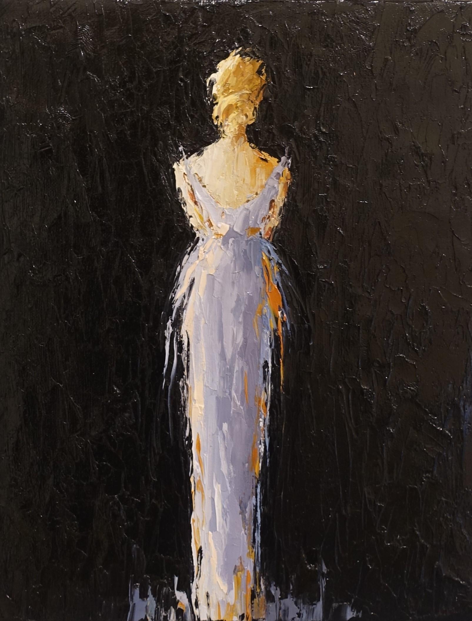 'Emile' is a framed Impressionist figurative oil on canvas painting of vertical format, created by American artist Geri Eubanks in 2019. Featuring a palette made of lavender, grey, black and orange tones, the painting depicts an elegant blond lady