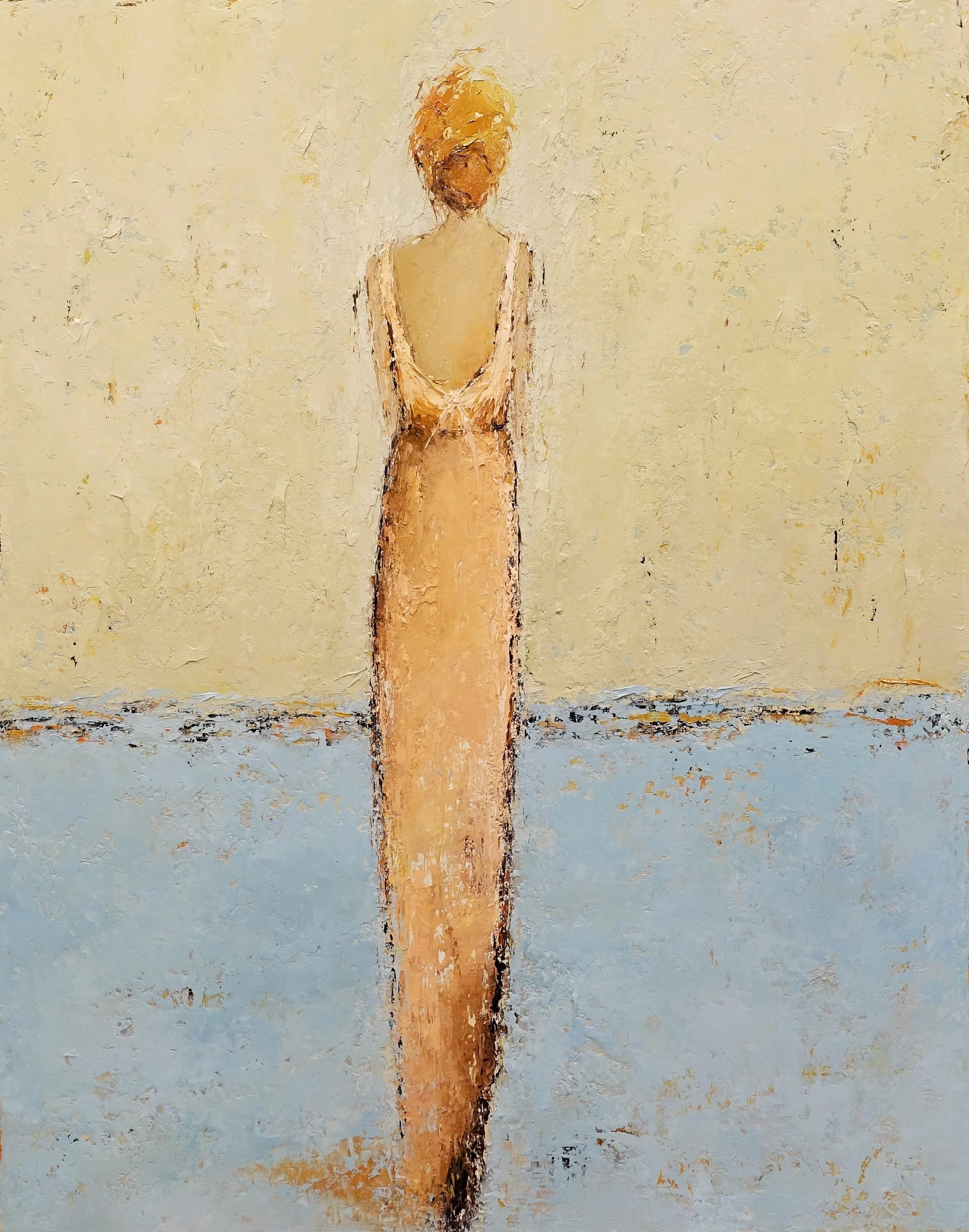 'Emma' is a medium size framed Impressionist oil on painting canvas created by American artist Geri Eubanks in 2018. Featuring a vertical format, the painting depicts a blond woman seen from the back, wearing a lovely pink and ocher gown revealing