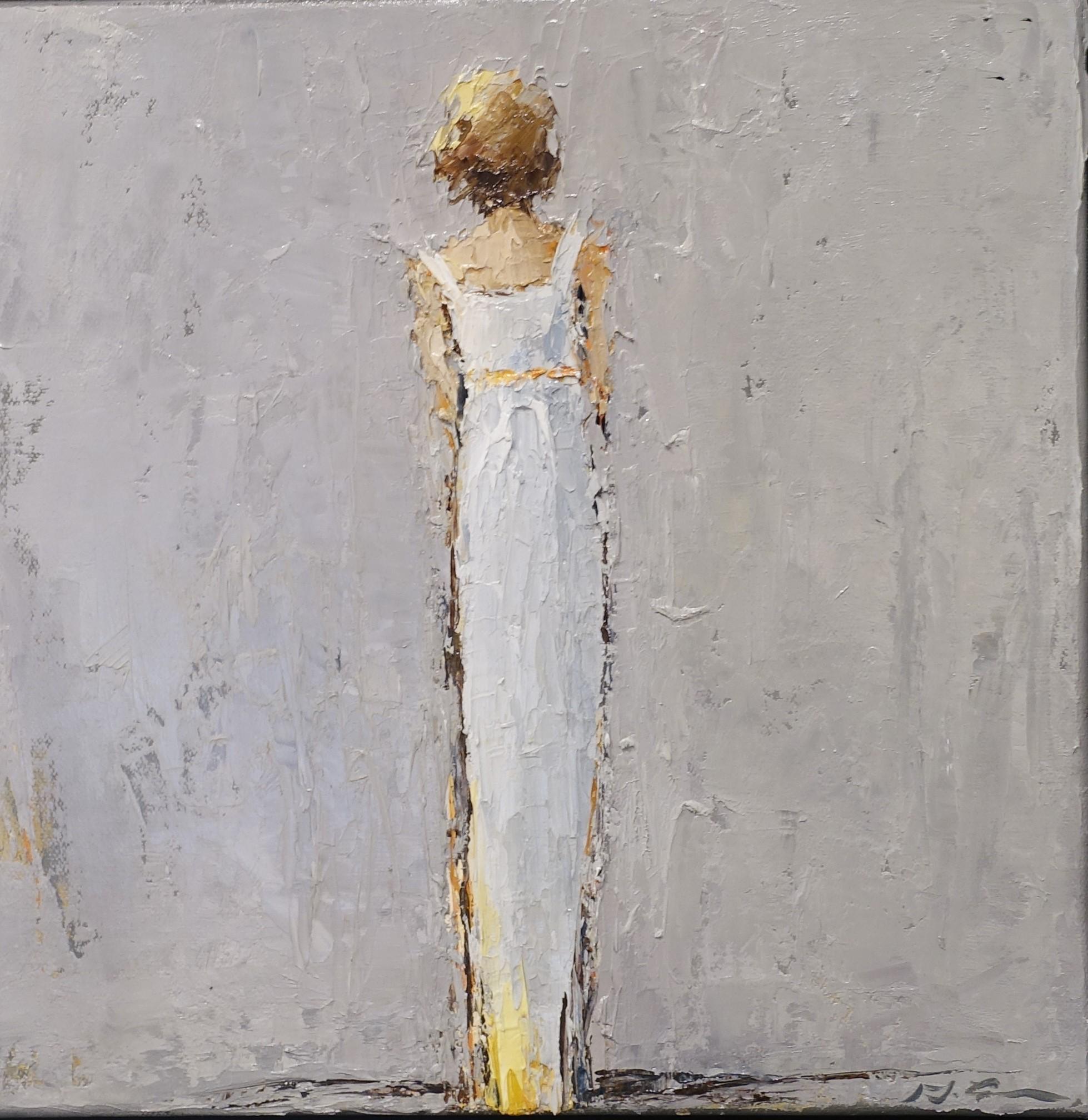 'Eve', is a small framed American Impressionist oil on canvas painting of square format created by Geri Eubanks in 2019. The painting features a blond-hair lady depicted from the back, walking away from us. She is wearing a white dress uncovering