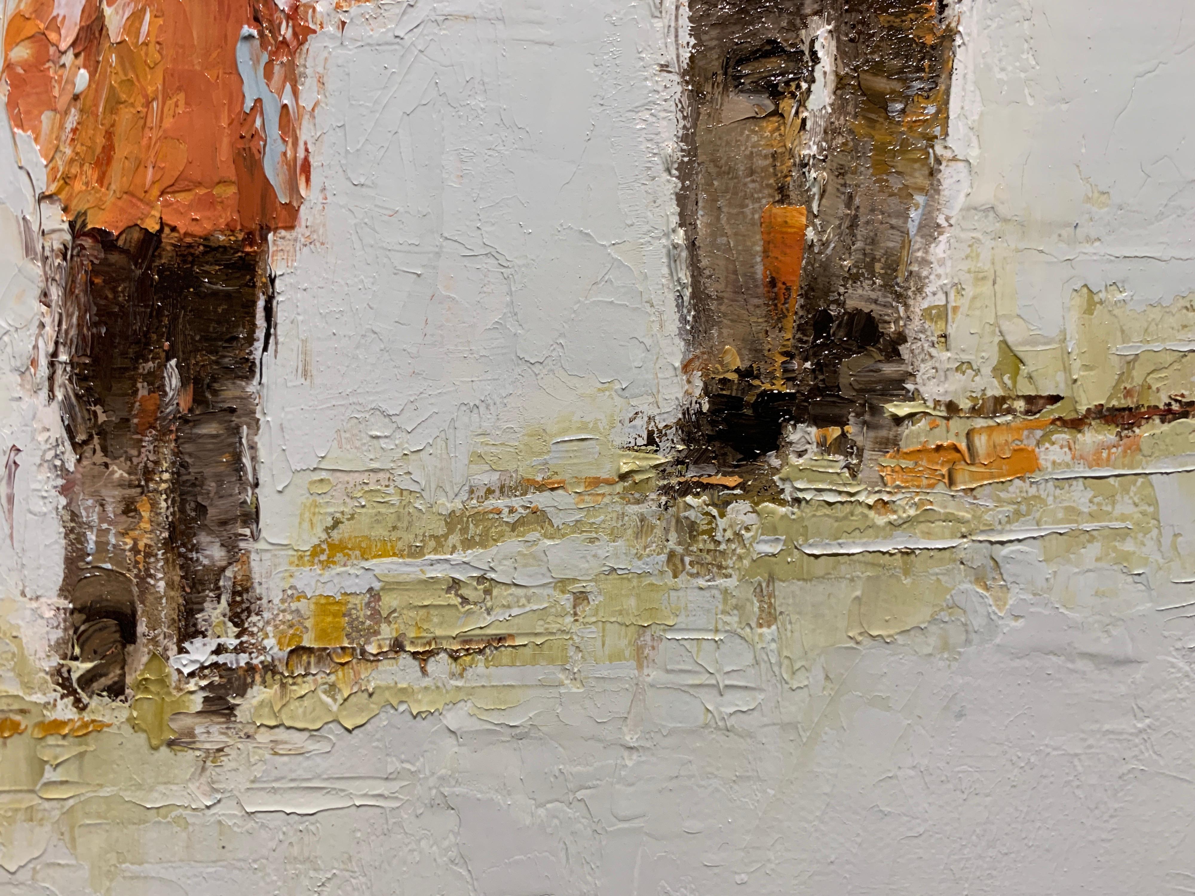 'Father and Son' is a petite framed oil on canvas Impressionist painting created by American artist Geri Eubanks in 2020. Featuring a soft palette made of blue, orange, brown, grey, off-white and black tones, this small figurative painting captures