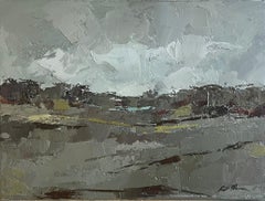 Mattina nebbiosa di Geri Eubanks, dipinto a olio su tela di un paesaggio impressionista con cornice