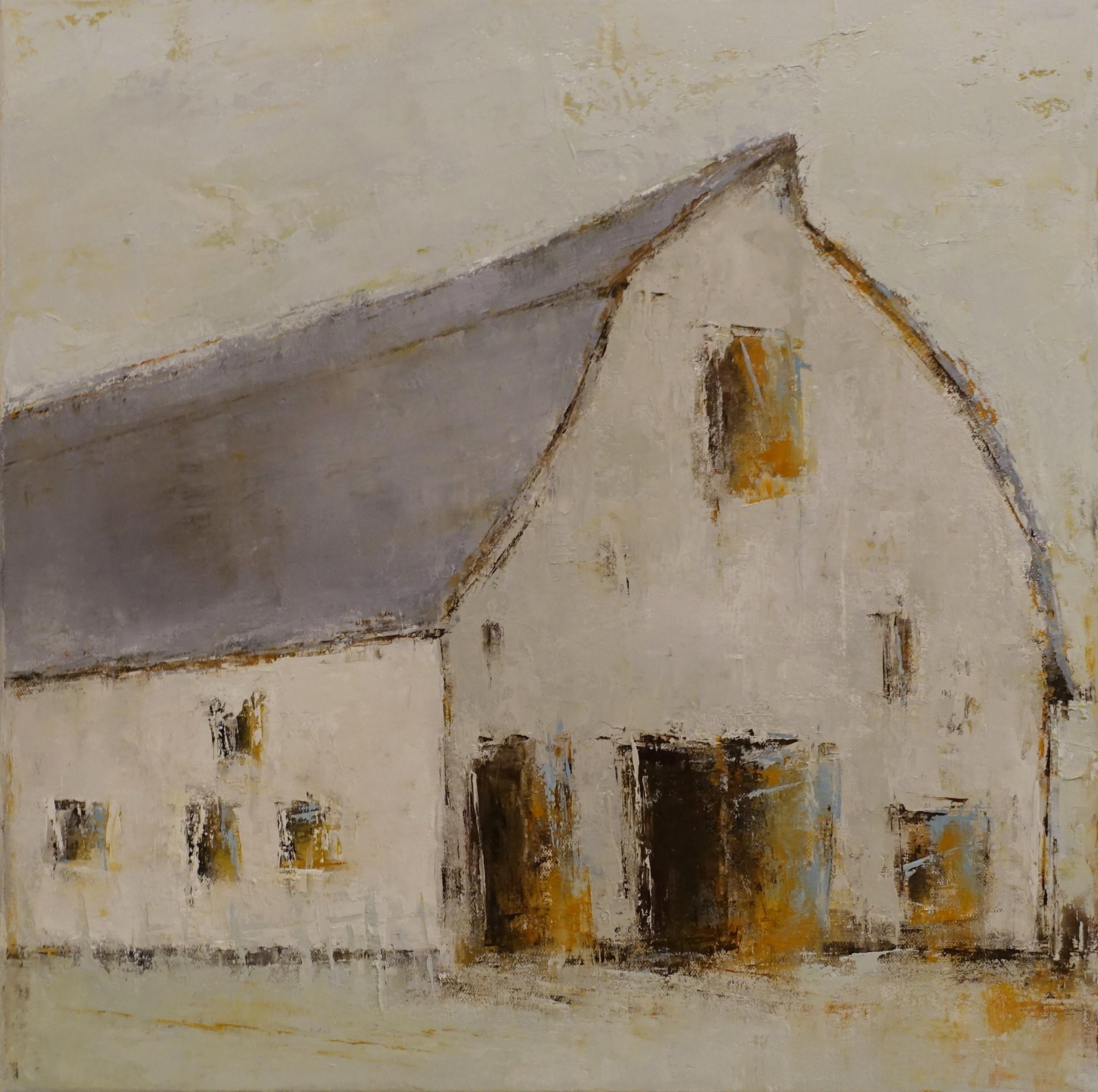 'Forgotten Barn I' is a medium size framed oil on canvas Impressionist painting created by American artist Geri Eubanks in 2019. Featuring a soft palette made of white, grey, light blue and brown tones, the painting depicts in close view a large