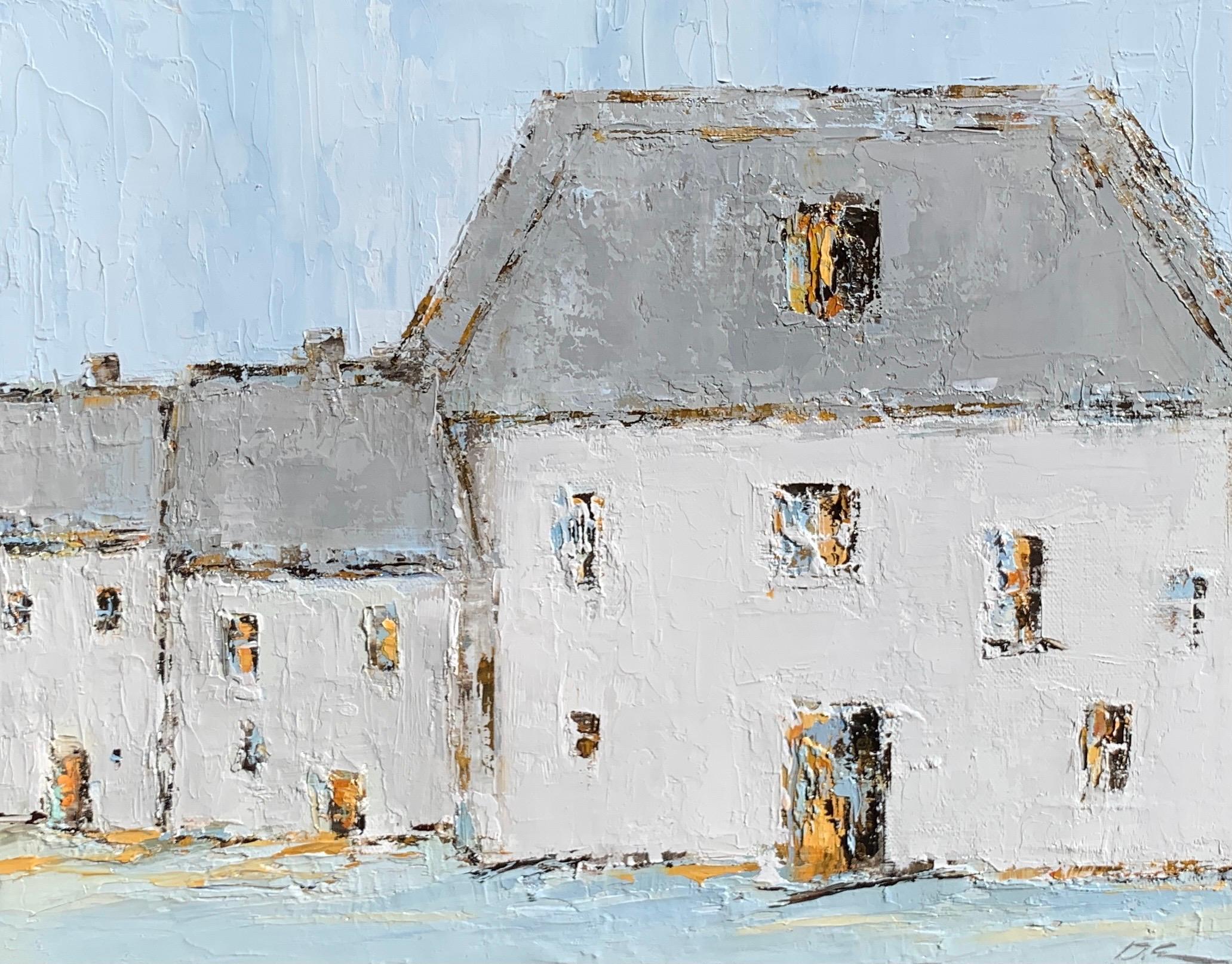'French Cottage II' is a small framed oil on canvas Impressionist painting created by American artist Geri Eubanks in 2021. Featuring a soft palette made of white, grey, light blue and brown tones, the painting depicts in close view a large barn