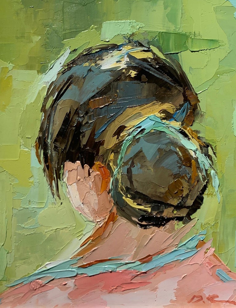 'Head Portrait' is a petite framed oil on canvas Impressionist painting created by American artist Geri Eubanks in 2021. Featuring a vibrant palette made of blue, pink, coral, green, brown, off-white and black tones, this small figurative painting