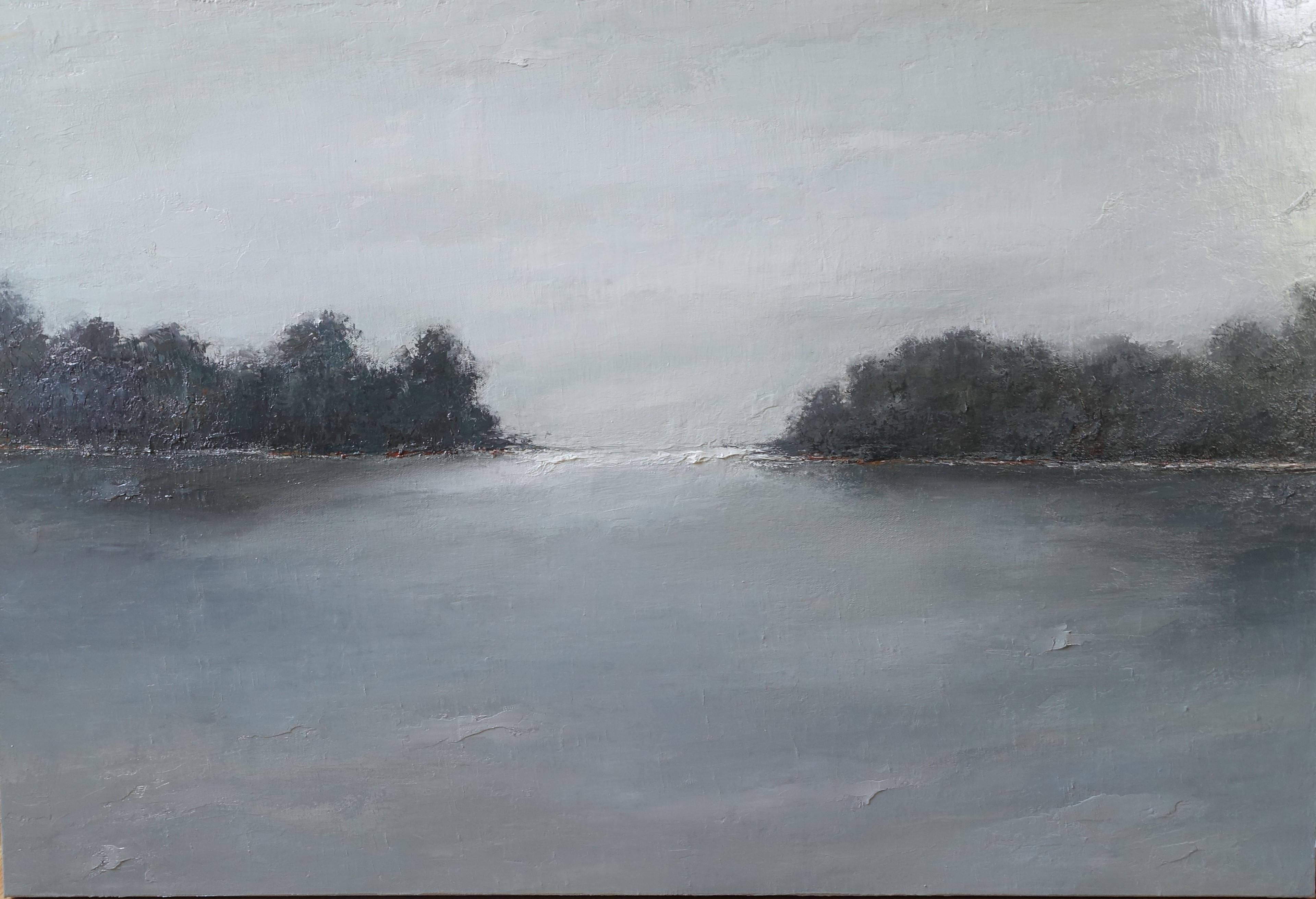 'Morning Stillness' is a landscape oil on canvas painting of horizontal format, created by American artist Geri Eubanks in 2018. Featuring a soft palette mostly made of a grisaille-like variation of grey tones, the painting exudes an aura of calm