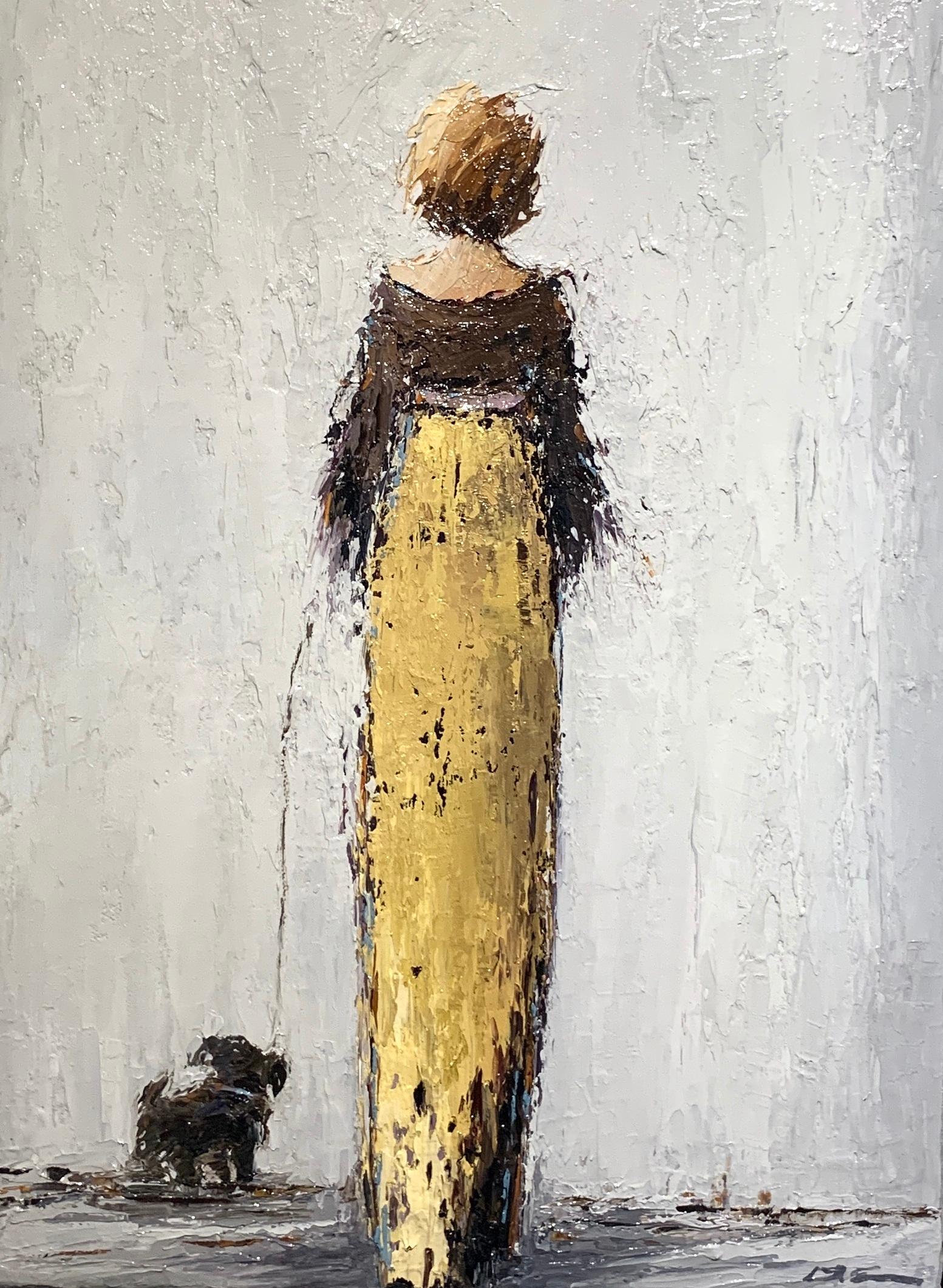 'My Best Friend' is a petite framed Impressionist oil on canvas painting created by American artist Geri Eubanks in 2020. Featuring a vertical format, the painting depicts a blond-haired woman seen from the back, walking her small dog on a leash.