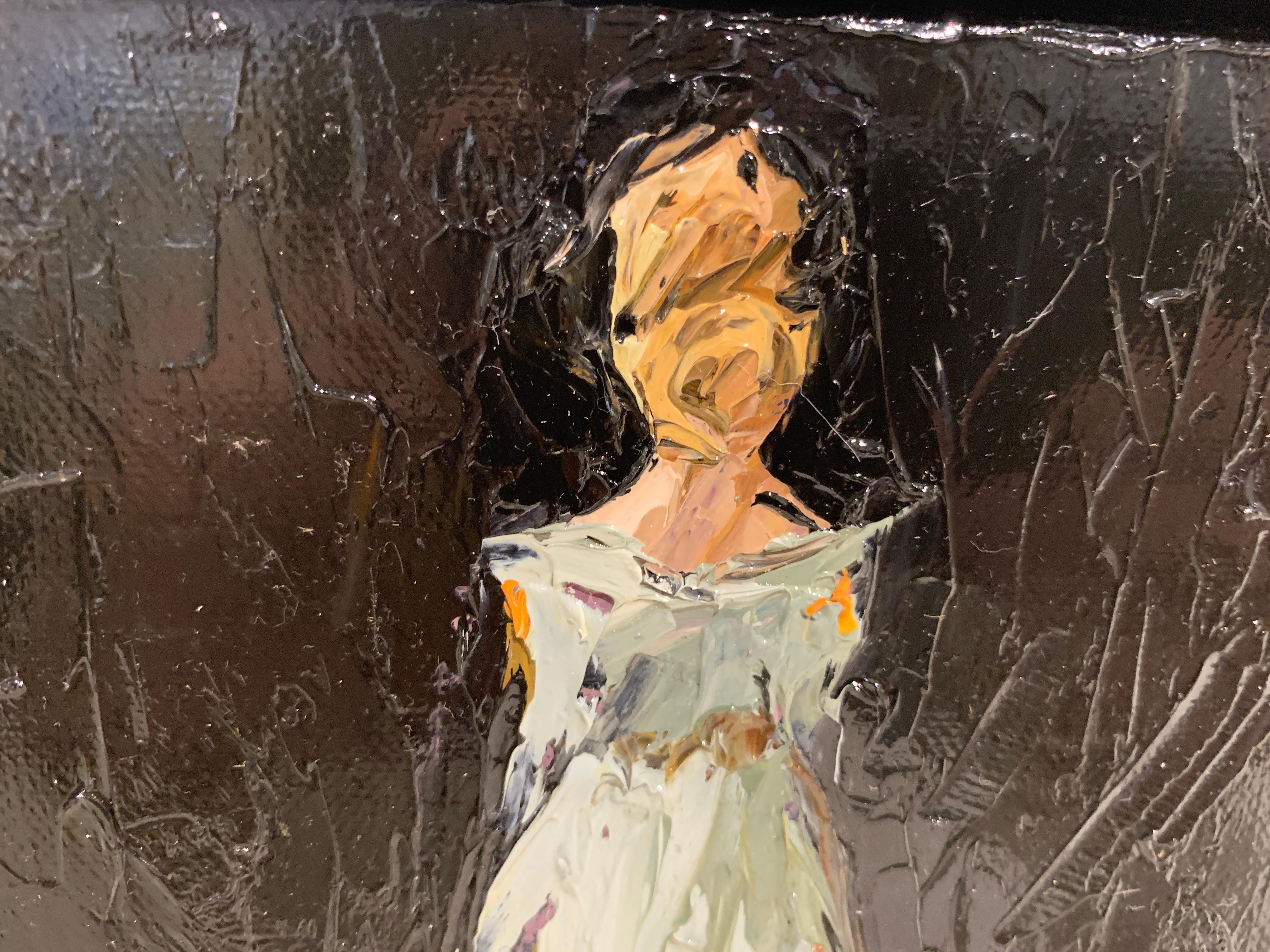 Petite Figure VI by American artist Geri Eubanks was painted in 2019.  Showing a woman facing away from us, dressed elegantly in a blue evening dress.  Her blond hair is done up in a bun, probably in preparation for a night out on the town.  The