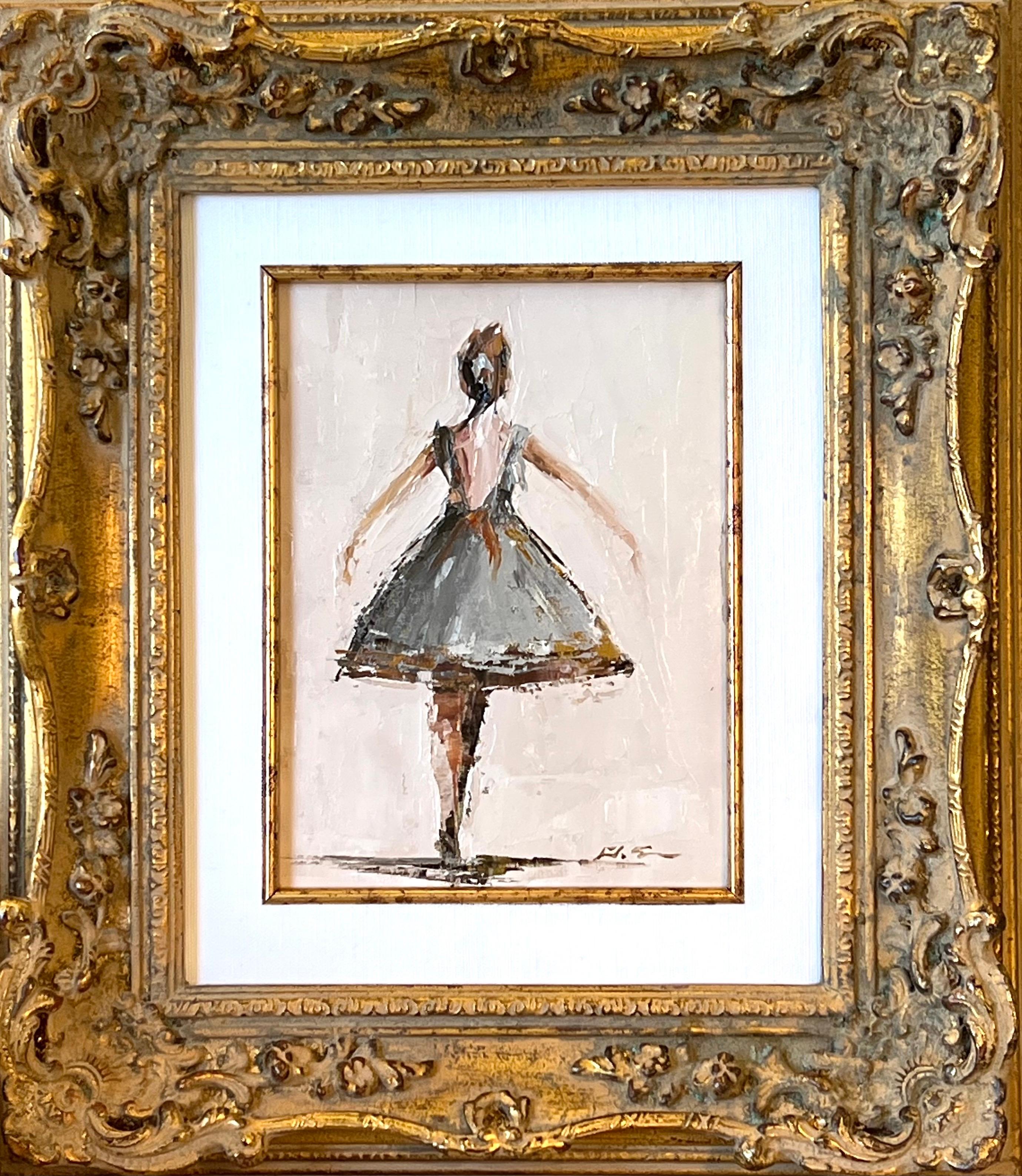'Pose' is a petite framed oil on canvas Impressionist painting created by American artist Geri Eubanks in 2022. Featuring a soft palette made of grey, off-white, neutral and black tones, this small figurative painting captures our hearts with its