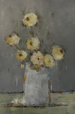 « Summer Joy » de Geri Eubanks, peinture à l'huile florale contemporaine en gris