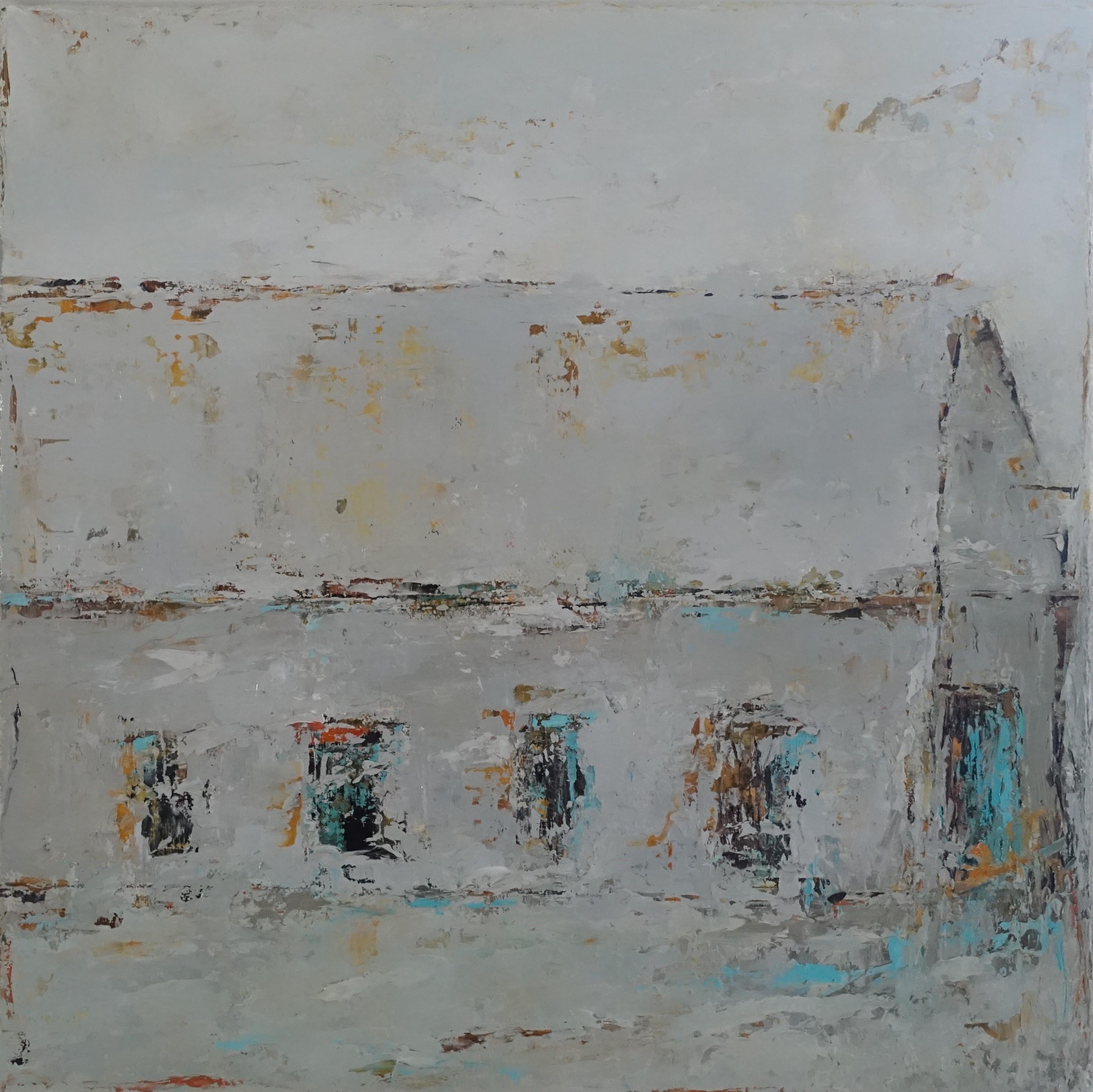'The Barn II' is a petite framed Impressionist oil on canvas painting of square format created by American artist Geri Eubanks in 2018. Featuring a soft palette mostly made of white, accented with blue, brown and orange strokes, the painting