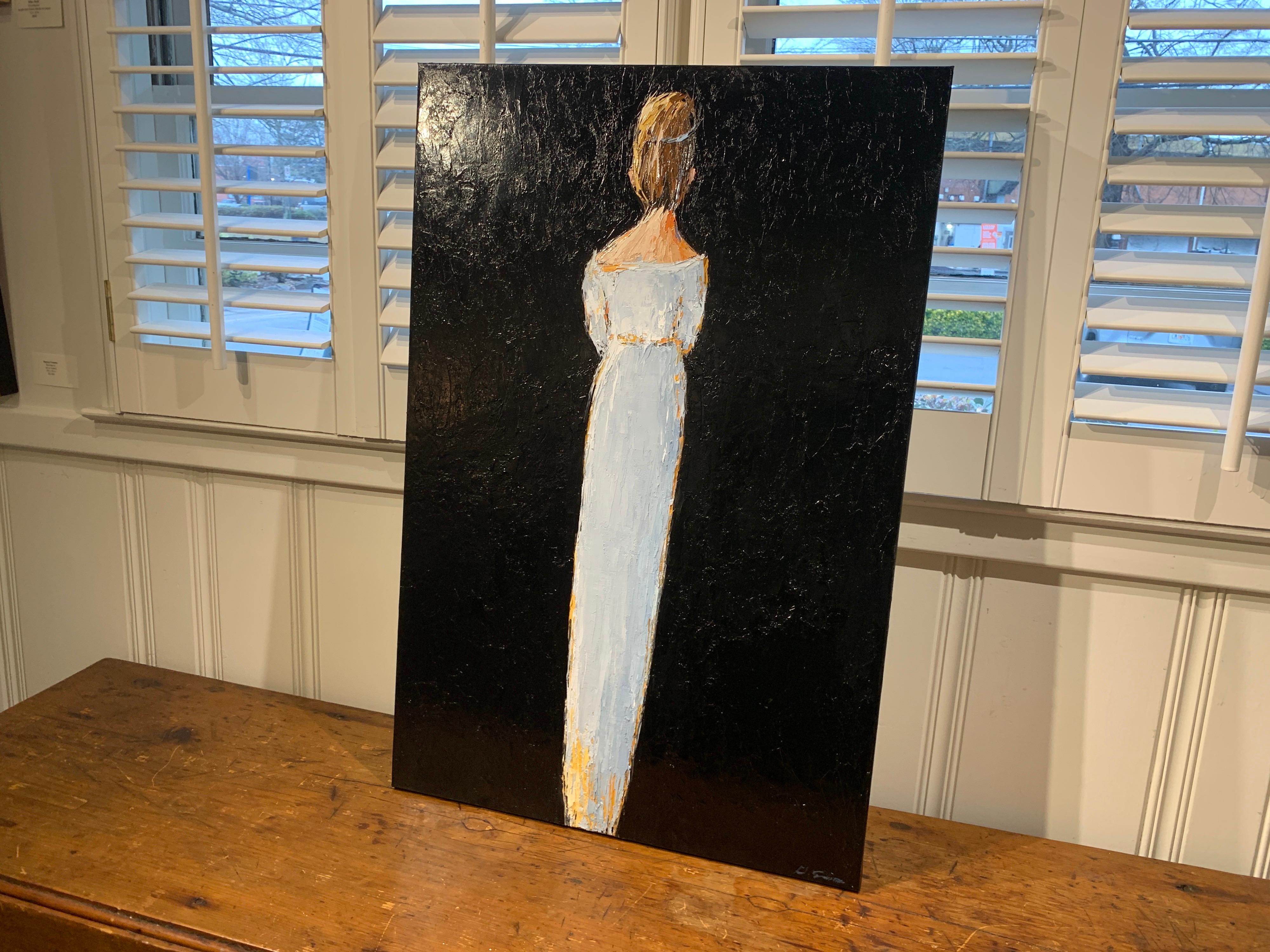 'Victoria' is a framed Impressionist figurative oil on canvas painting of vertical format, created by American artist Geri Eubanks in 2021. Featuring a palette made of blue, white, soft grey, black and orange tones, the painting depicts an elegant