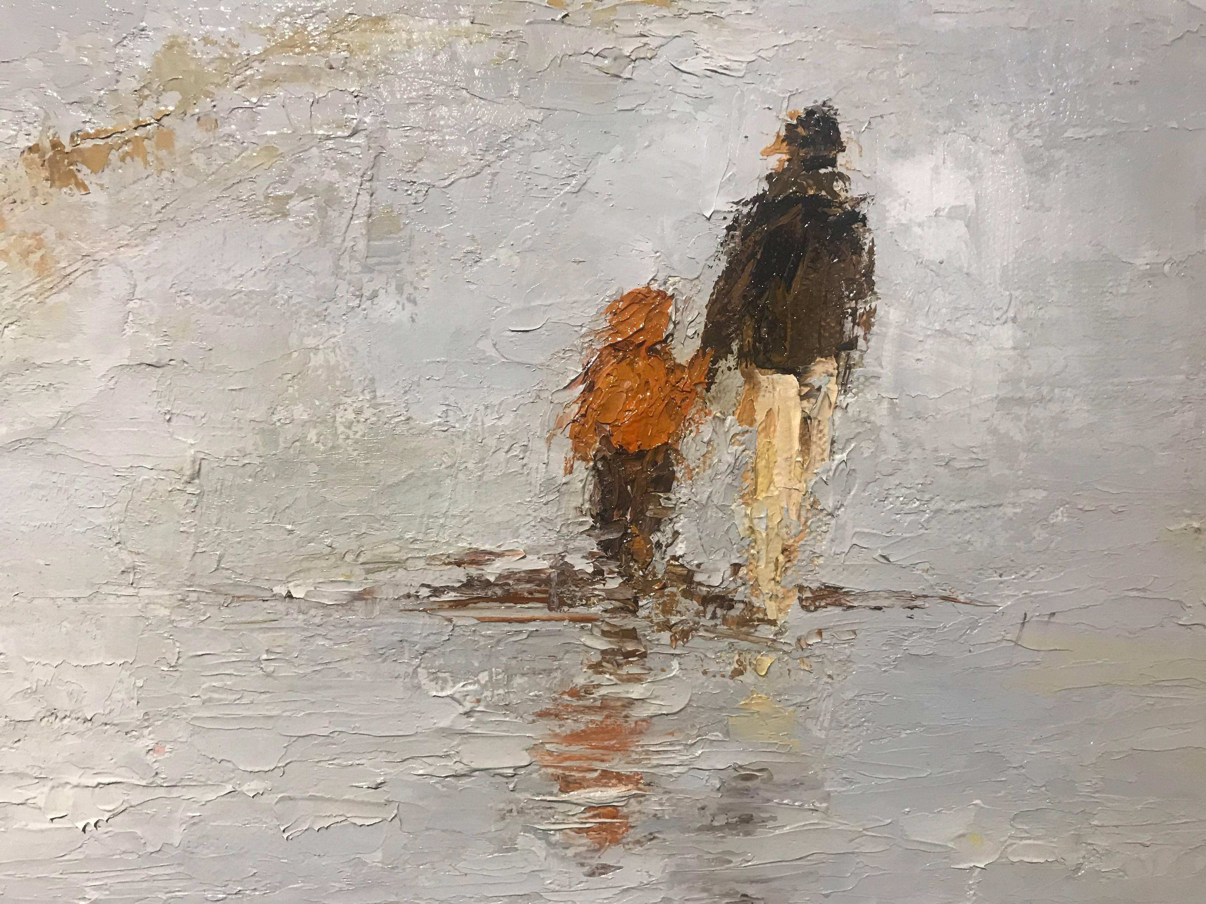 Walking to the Shore, Framed Square Oil on Canvas Impressionist Painting 3