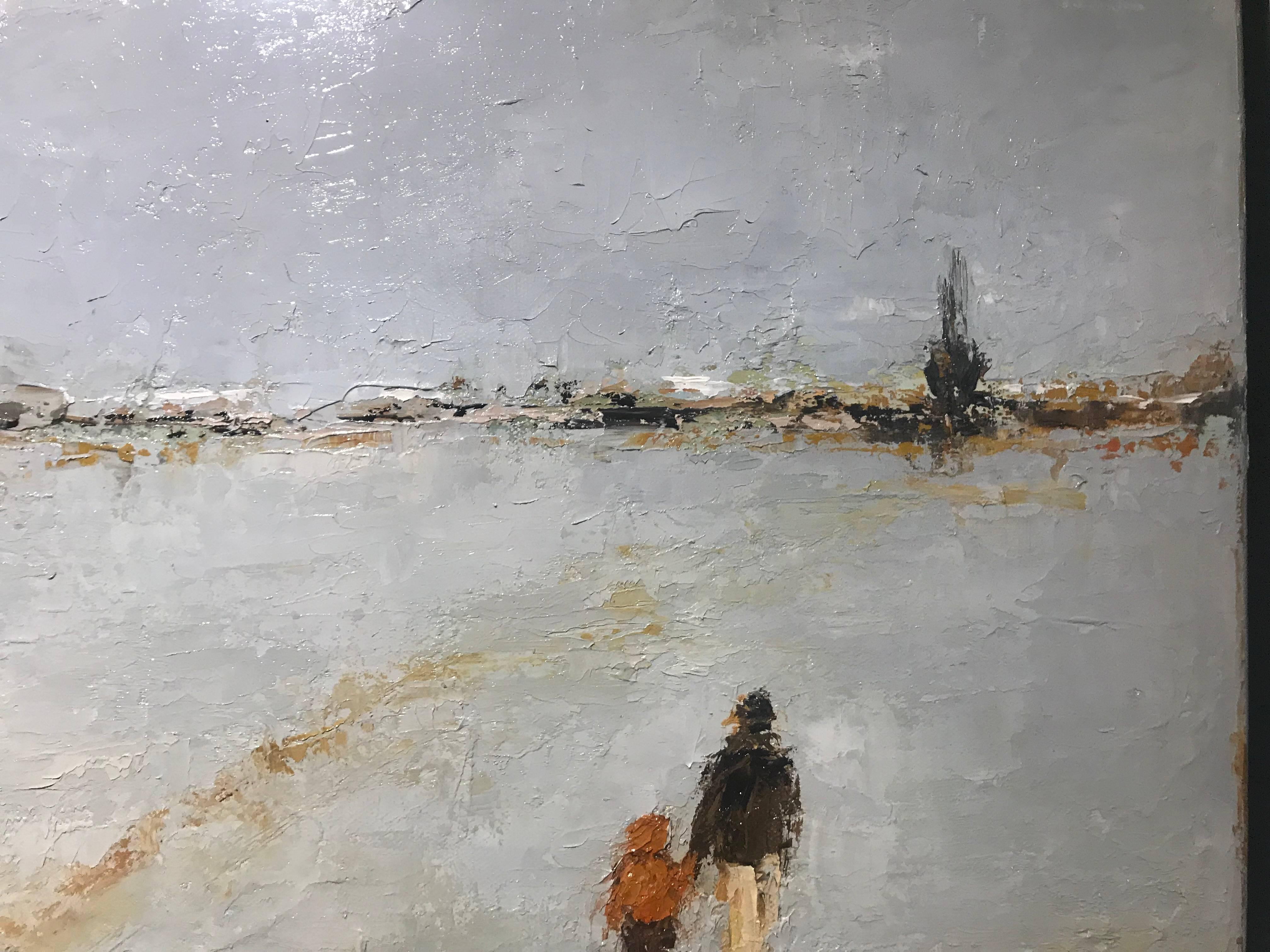 Walking to the Shore, Framed Square Oil on Canvas Impressionist Painting 4