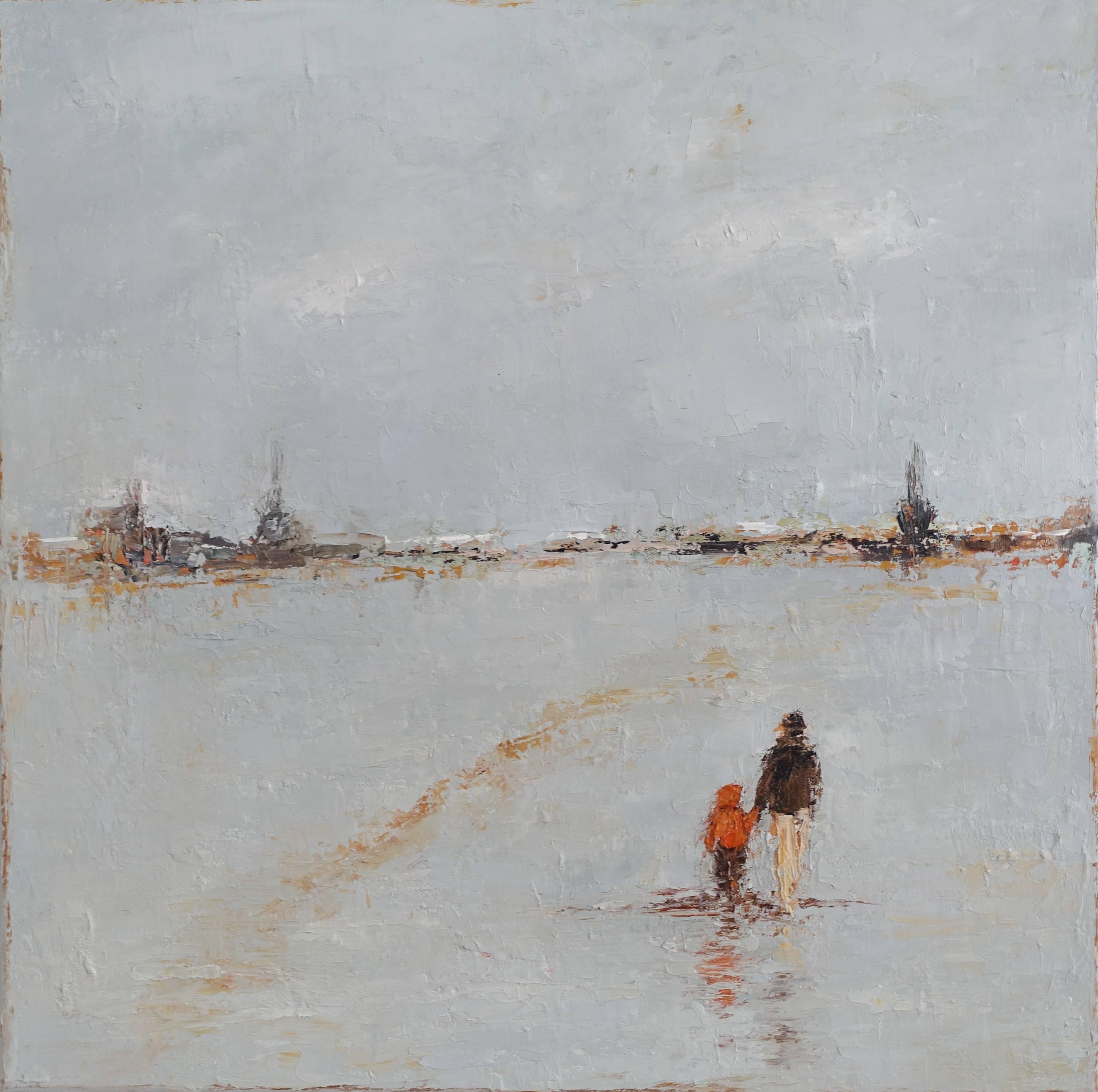 Geri Eubanks Figurative Painting - Walking to the Shore, Framed Square Oil on Canvas Impressionist Painting