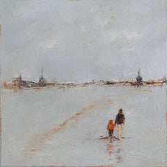 Walking to the Shore, Framed Square Oil on Canvas Impressionist Painting