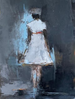 White Dress by Geri Eubanks, Petite Figure Impressionist Oil Painting with black