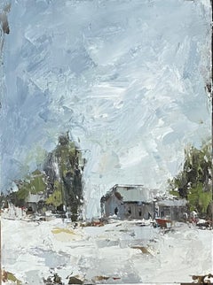 A Winter Cabine by Geri Eubanks, Petite peinture à l'huile de paysage impressionniste encadrée