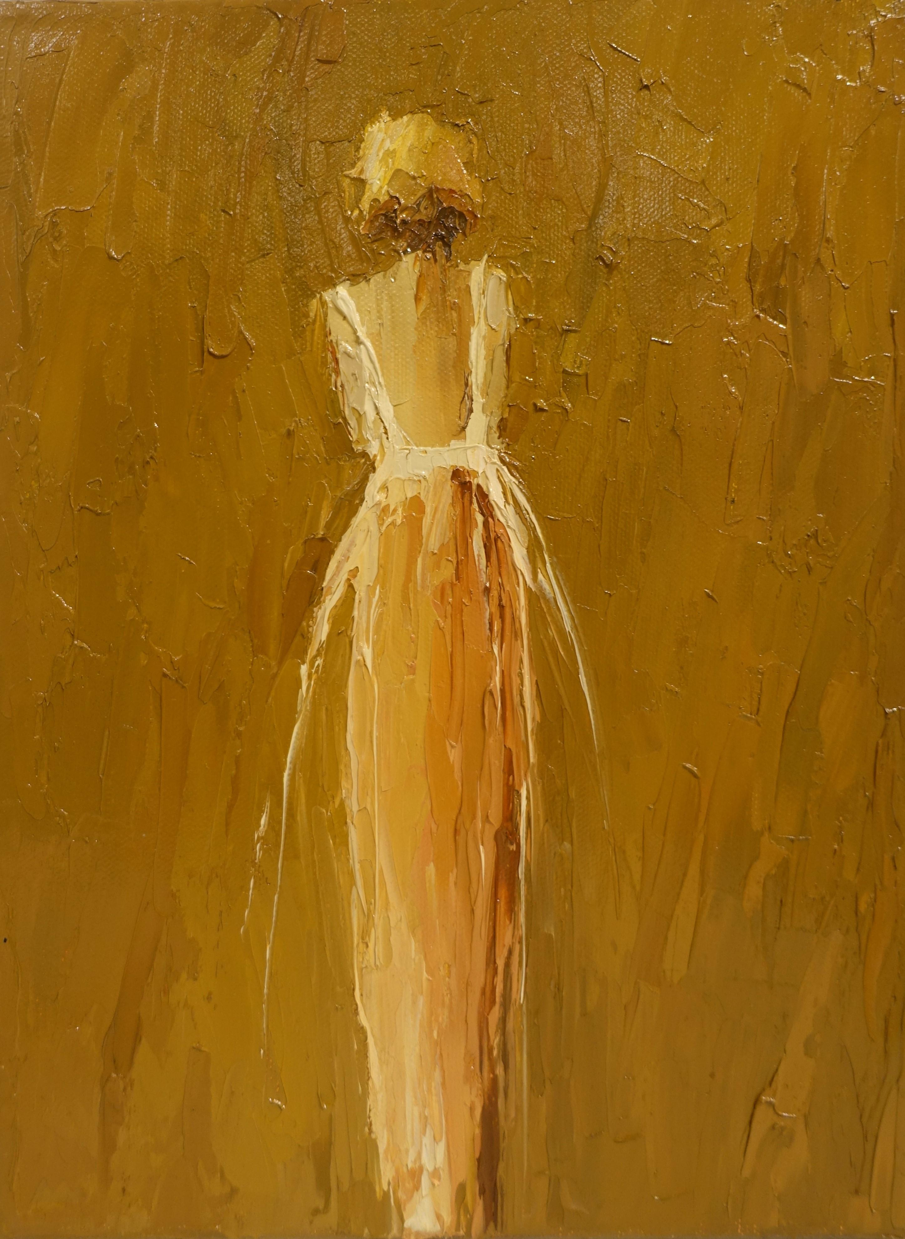 'Yvette II' is a petite framed Impressionist figurative oil on canvas painting created by American artist Geri Eubanks in 2019. Featuring a superb palette made of golden tones, the painting captures our hearts with its great presence. Painted on a