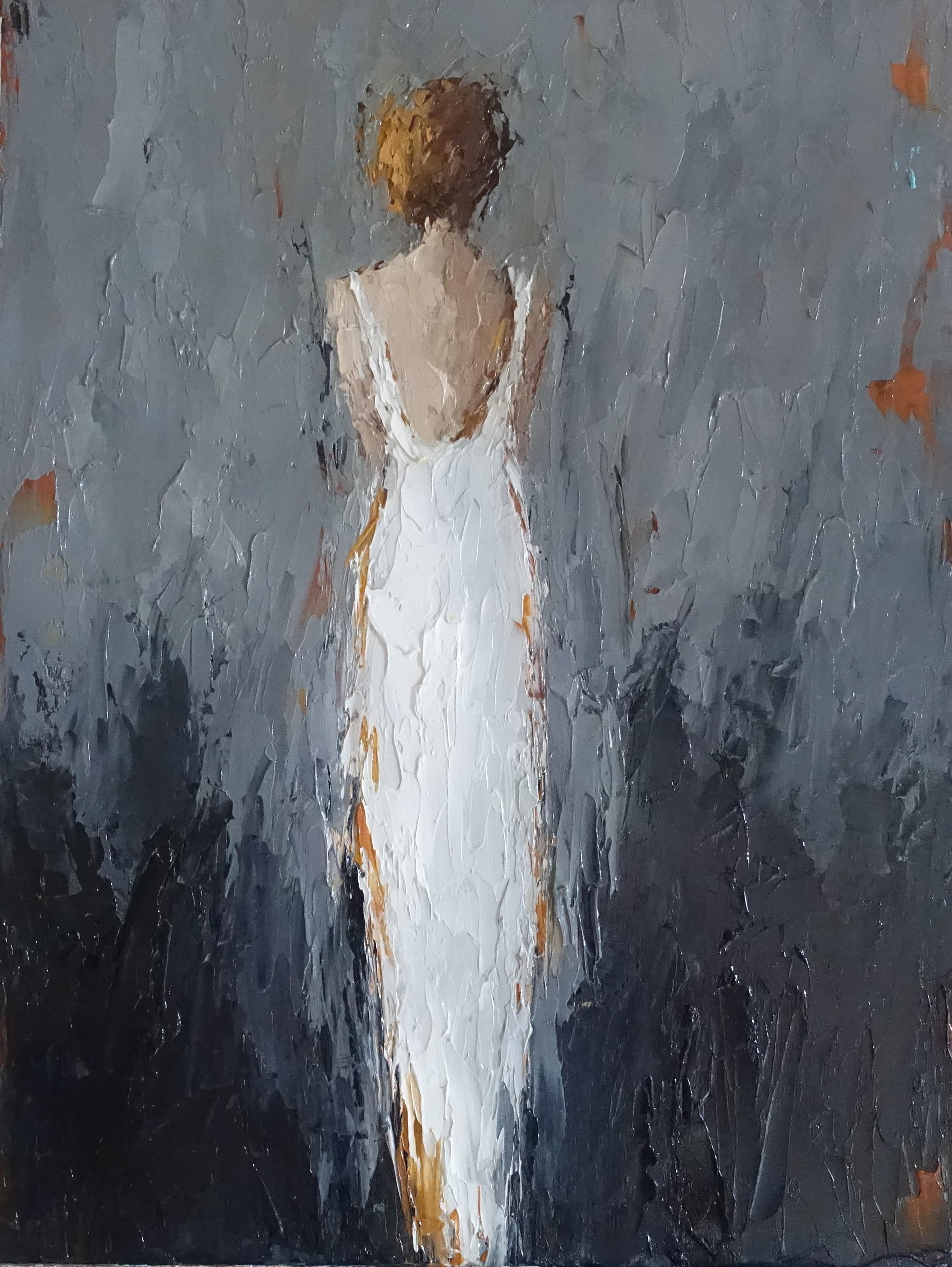 'Zoe' is a petite framed Impressionist oil on painting canvas created by American artist Geri Eubanks in 2018. Featuring a vertical format, the painting depicts a woman seen from the back and wearing an elegant white gown revealing her delicate back