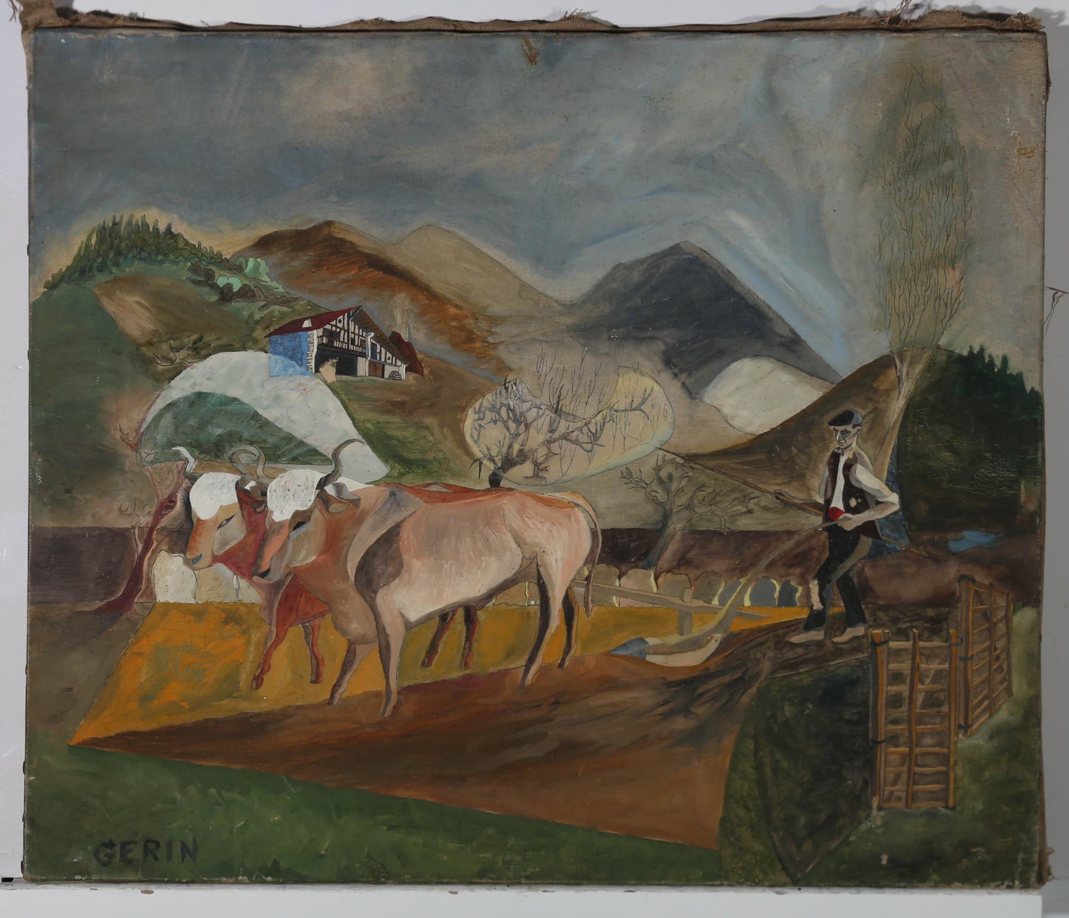 Gerin  - Óleo de mediados del siglo XX, Granjero y bueyes - Painting de Gerini