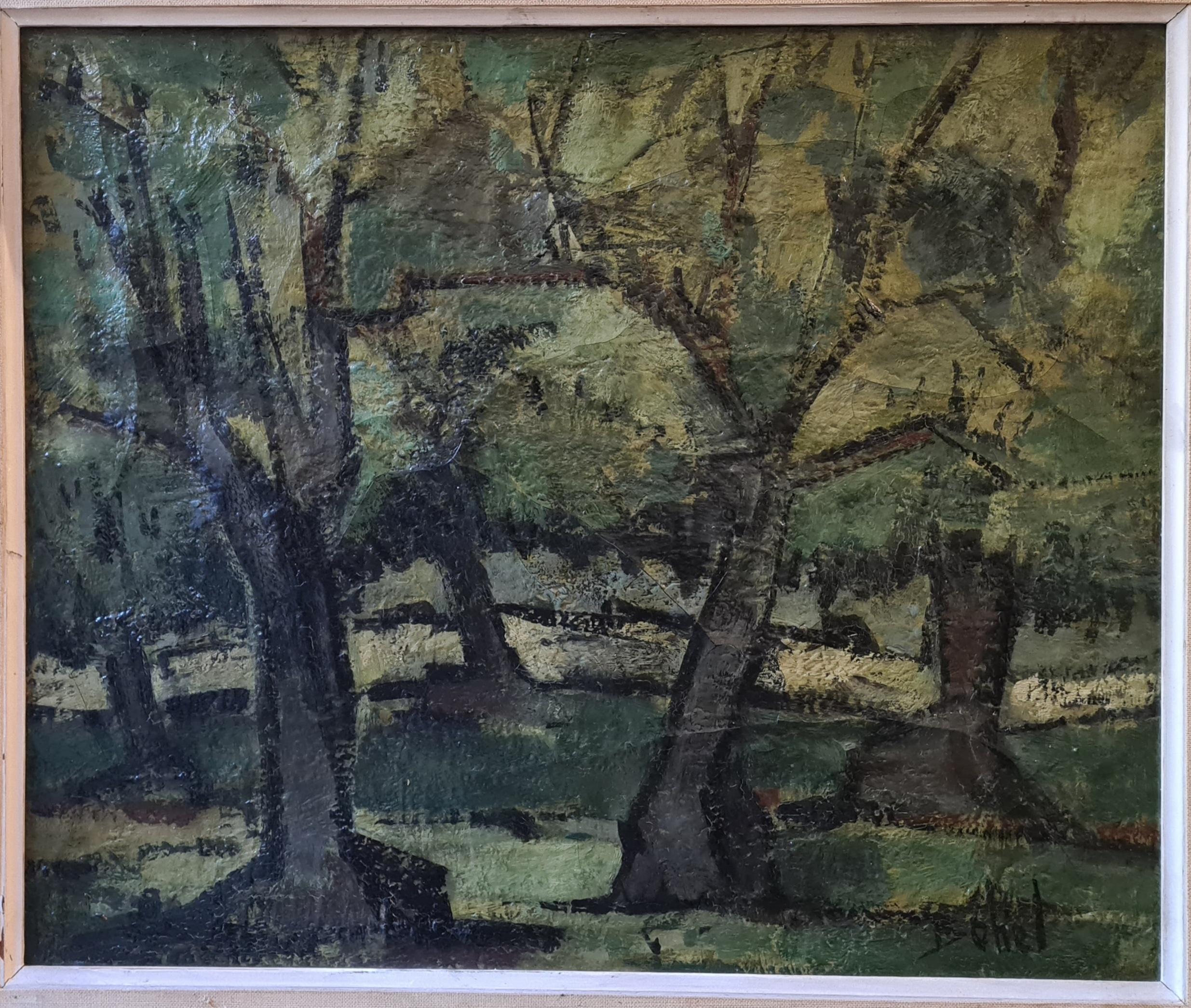 A French Expressionist oil on canvas landscape of countryside at L'Olivette, Cap d'Antibes on the French Riviera, by Germain Bonel. The painting is signed bottom right and signed, dated and titled to the back of the canvas. 

A strong and impactful