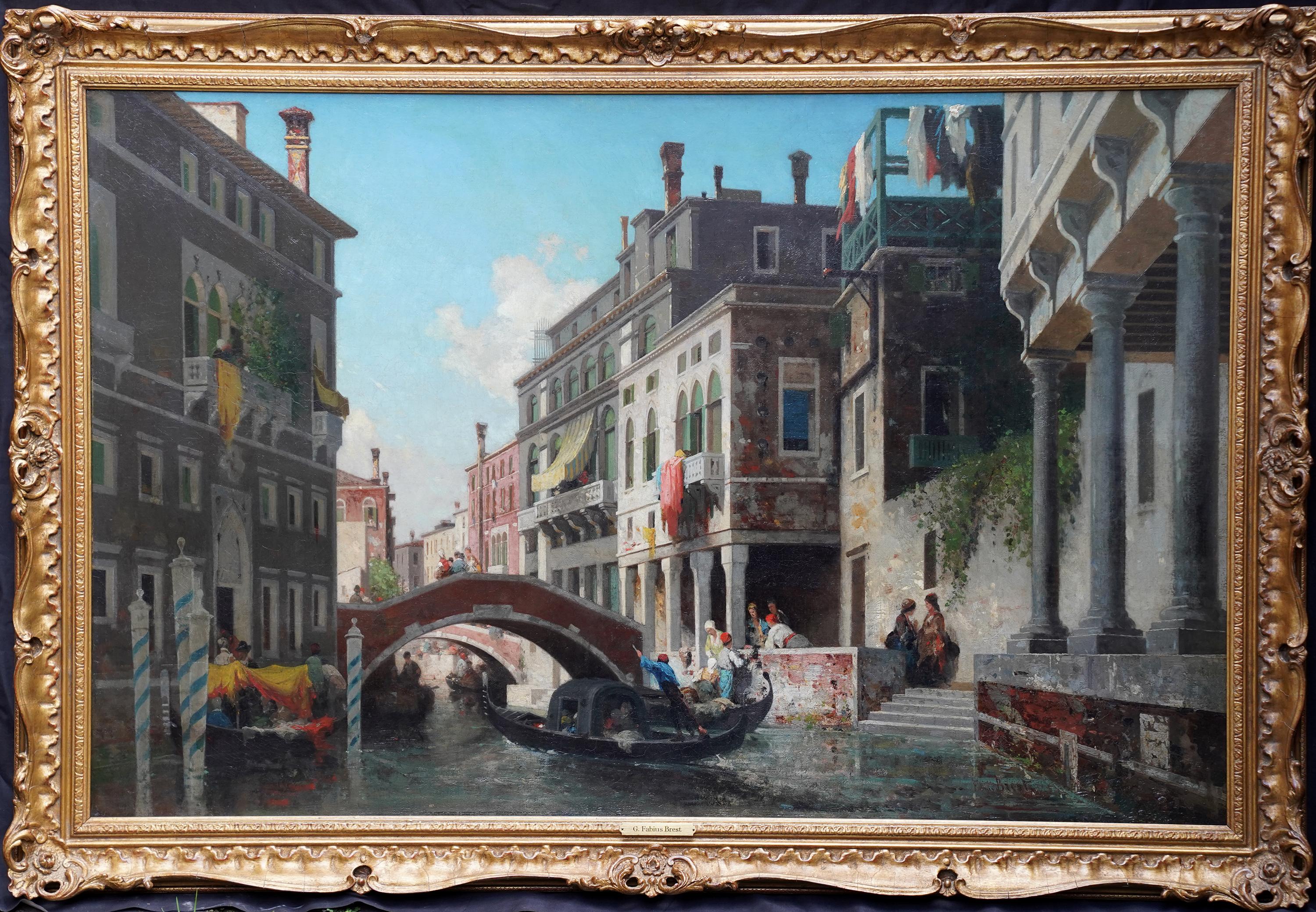 Gondolas on a Venetian Canal - French Victorian art oil painting Venice Italy For Sale 8