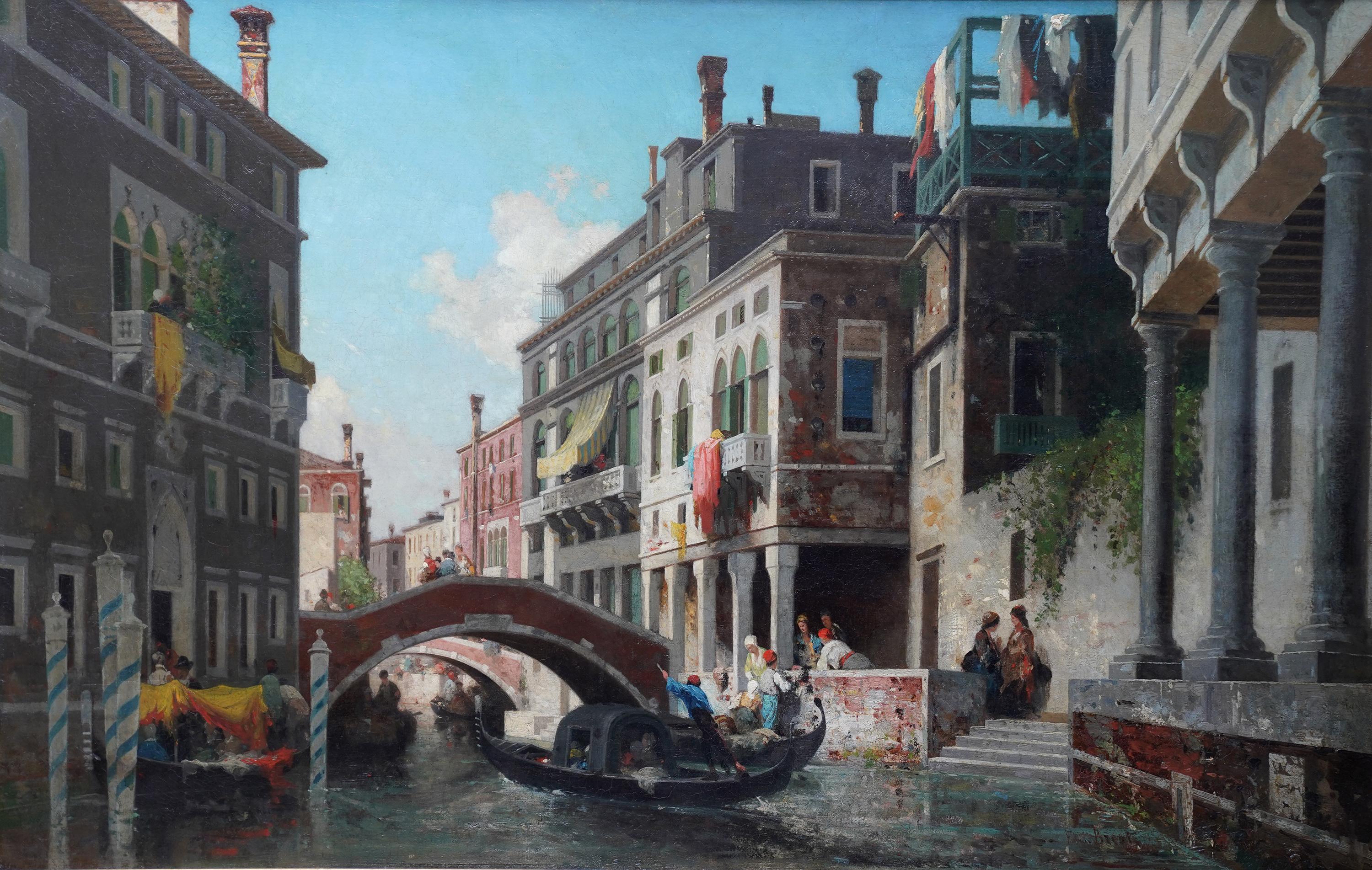 Gondolas on a Venetian Canal - French Victorian art oil painting Venice Italy - Painting by Germain Fabius Brest