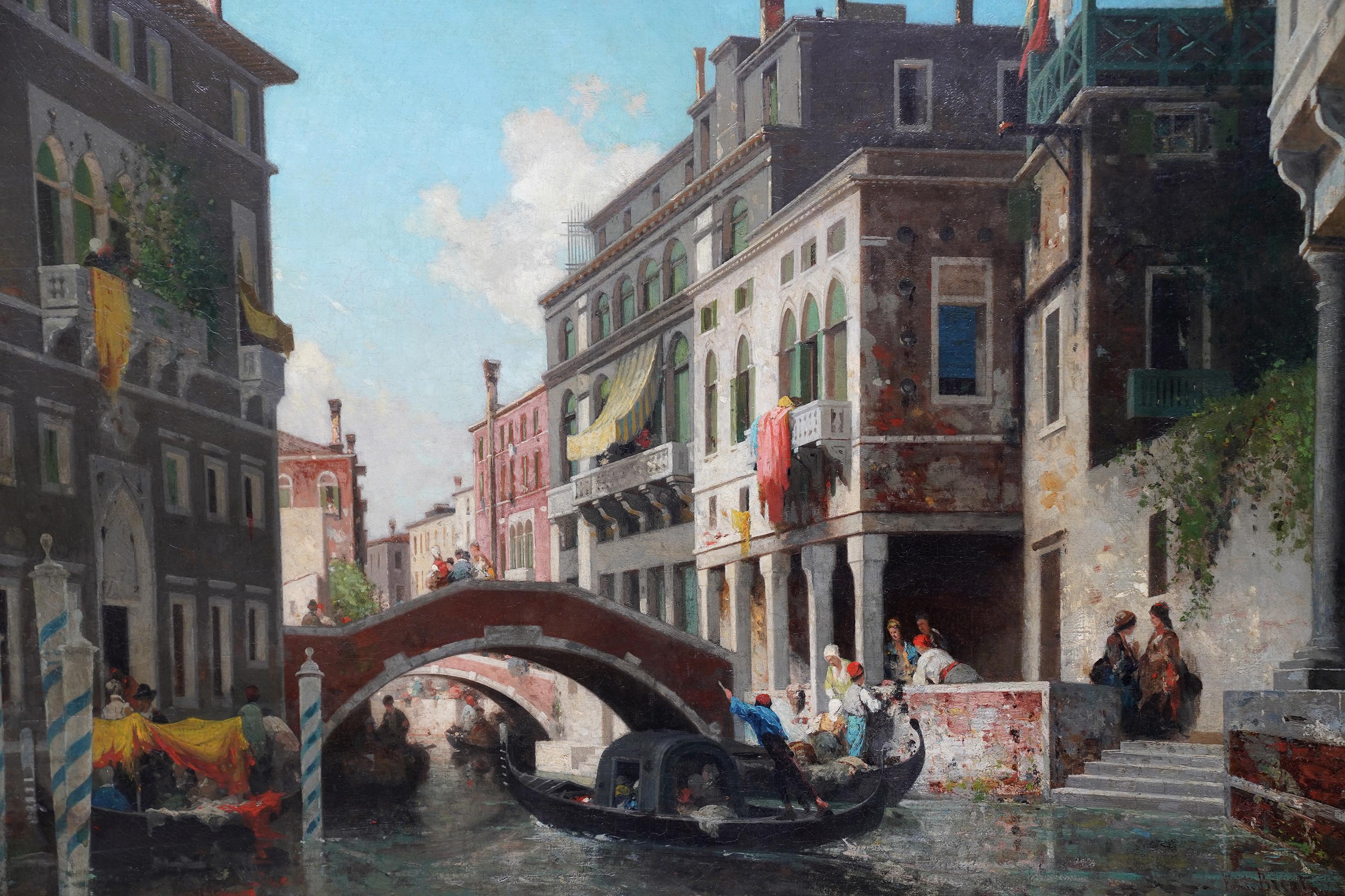 Gondolas on a Venetian Canal - French Victorian art oil painting Venice Italy - Realist Painting by Germain Fabius Brest