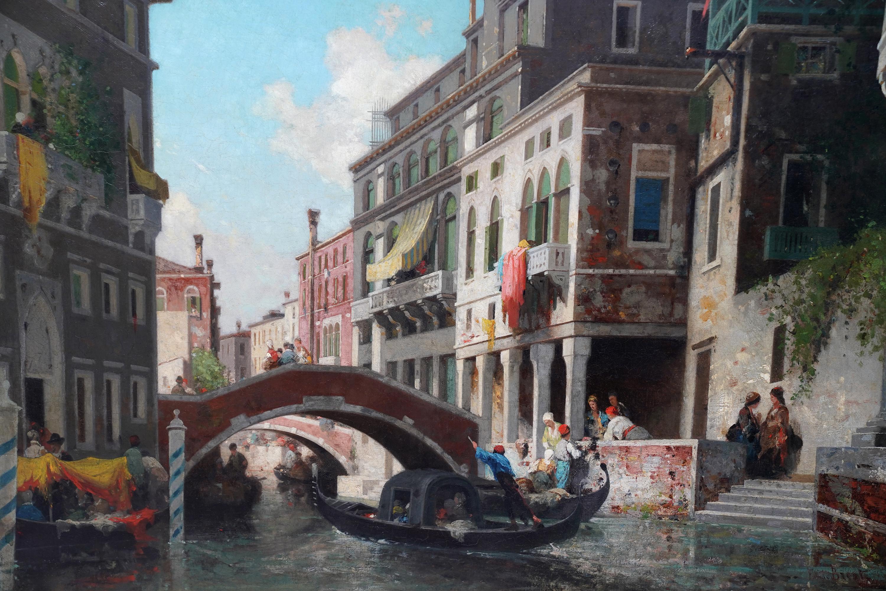 This fabulous vibrant French Victorian Venetian landscape oil painting is by noted artist Germain Fabius Brest. It was painted circa 1865 when Brest was painting classical Venetian scenes where great architecture is populated with vibrant figures.