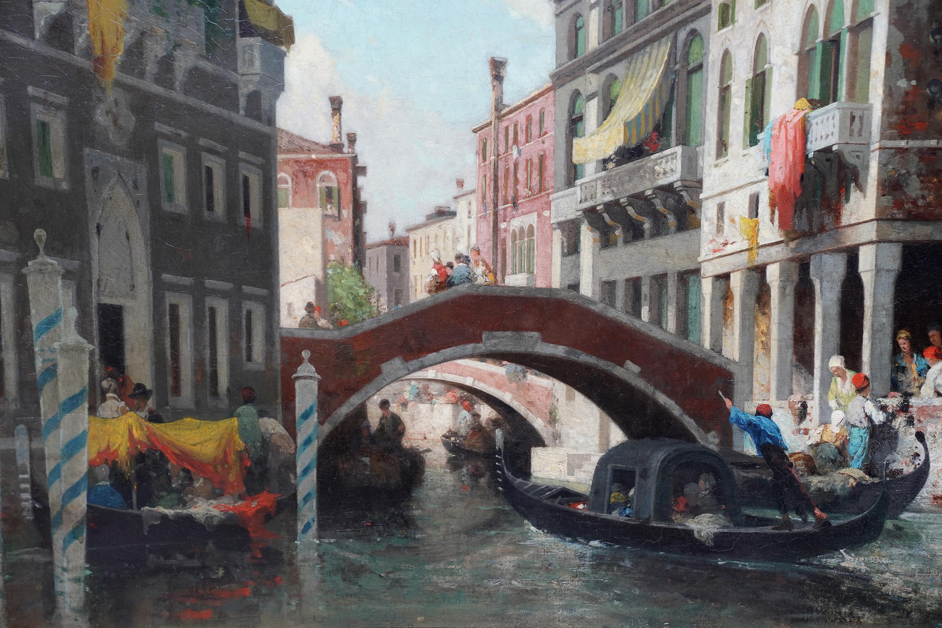 Gondolas on a Venetian Canal - French Victorian art oil painting Venice Italy For Sale 1