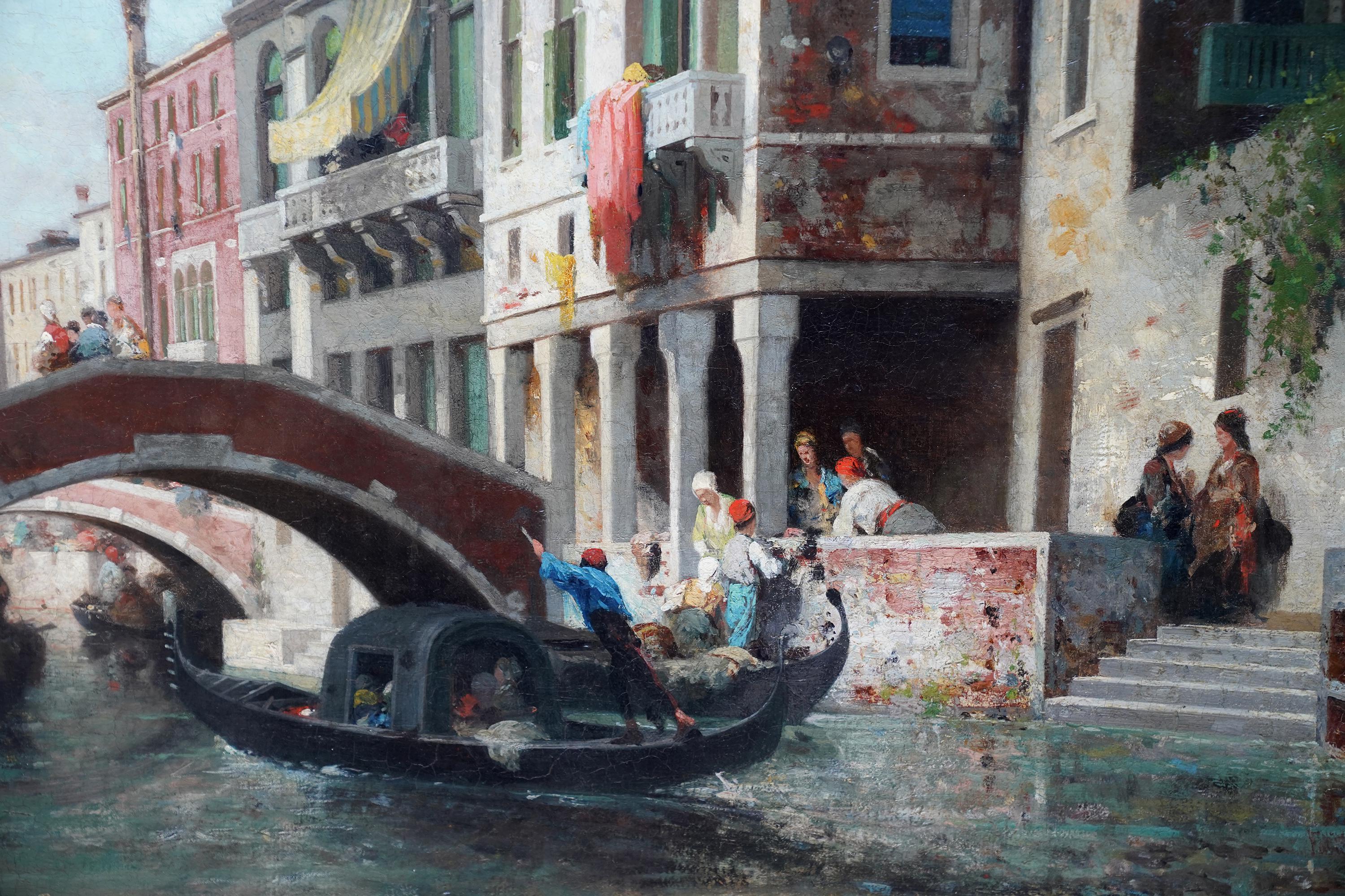 Gondolas on a Venetian Canal - French Victorian art oil painting Venice Italy For Sale 2
